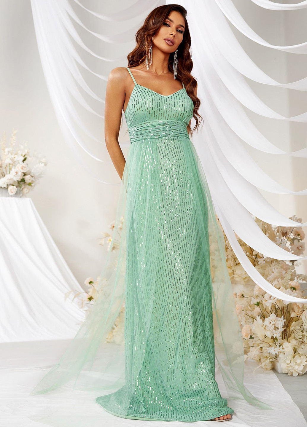 Мятное праздничный, вечернее платье SHEIN однотонное