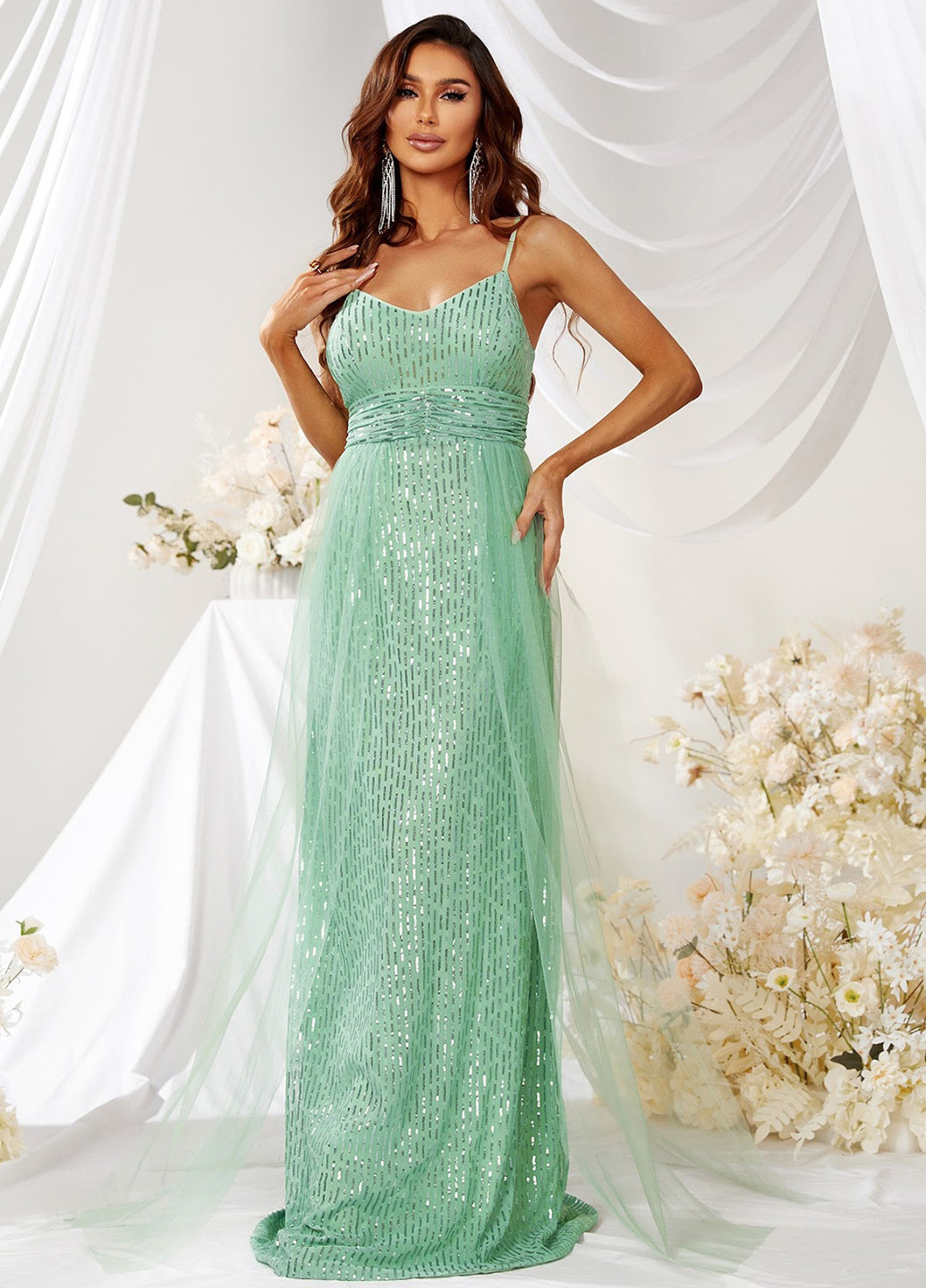 Мятное праздничный, вечернее платье SHEIN однотонное