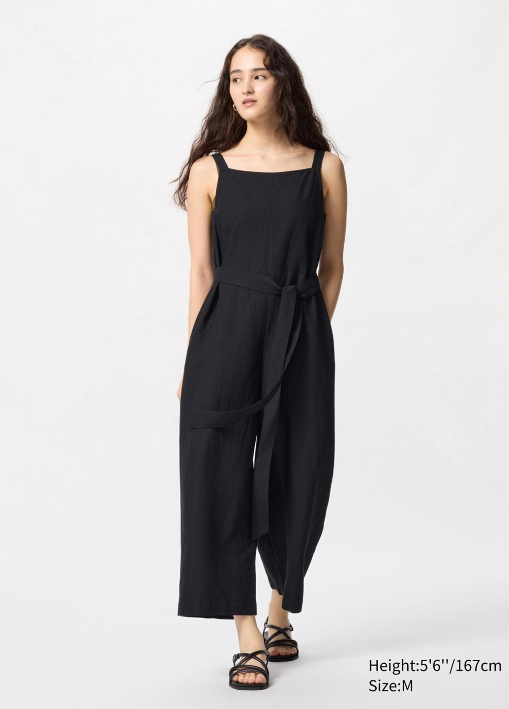 Комбинезон Uniqlo комбинезон-брюки однотонный чёрный кэжуал лен, вискоза