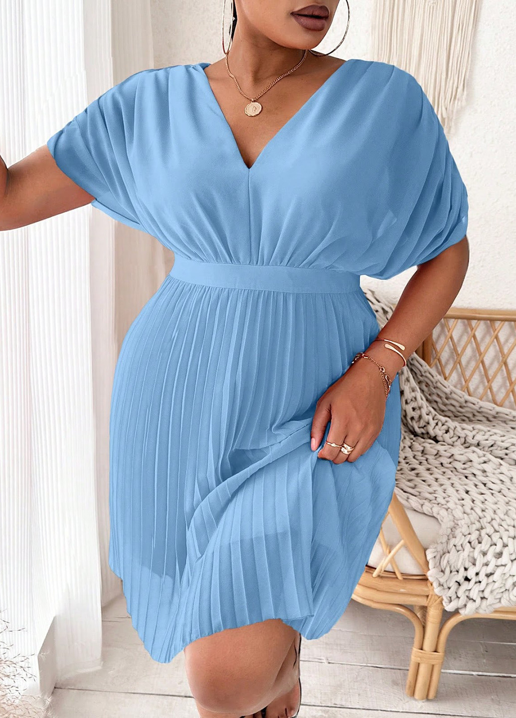 Голубое кэжуал платье плиссированное SHEIN однотонное