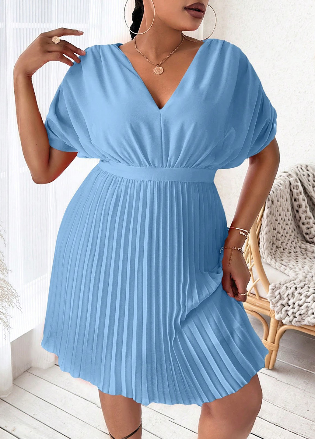 Голубое кэжуал платье плиссированное SHEIN однотонное