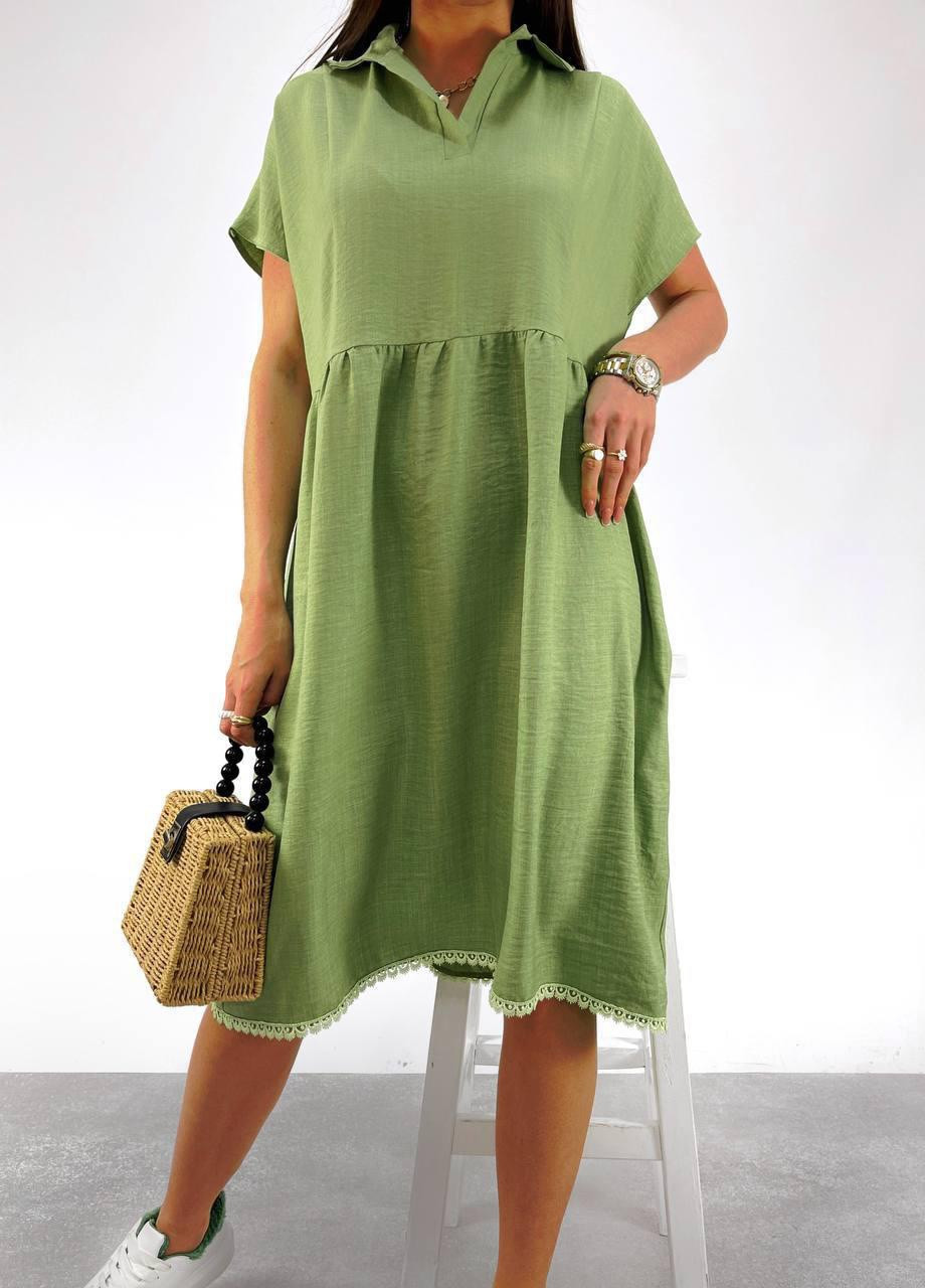 Оливковое (хаки) женское льняное платье цвет хаки р.46/48 362858 New Trend