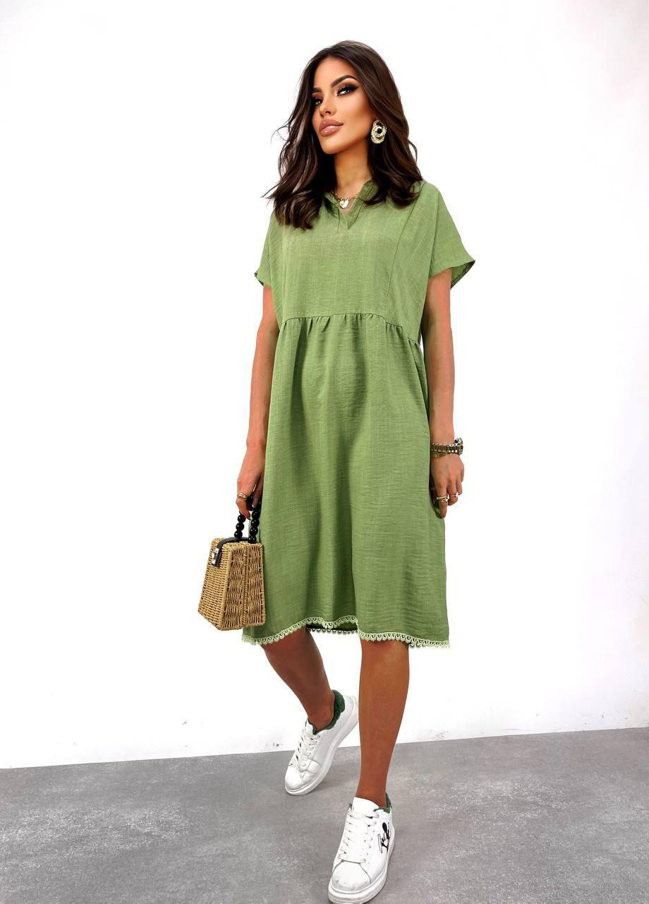Оливковое (хаки) женское льняное платье цвет хаки р.46/48 362858 New Trend