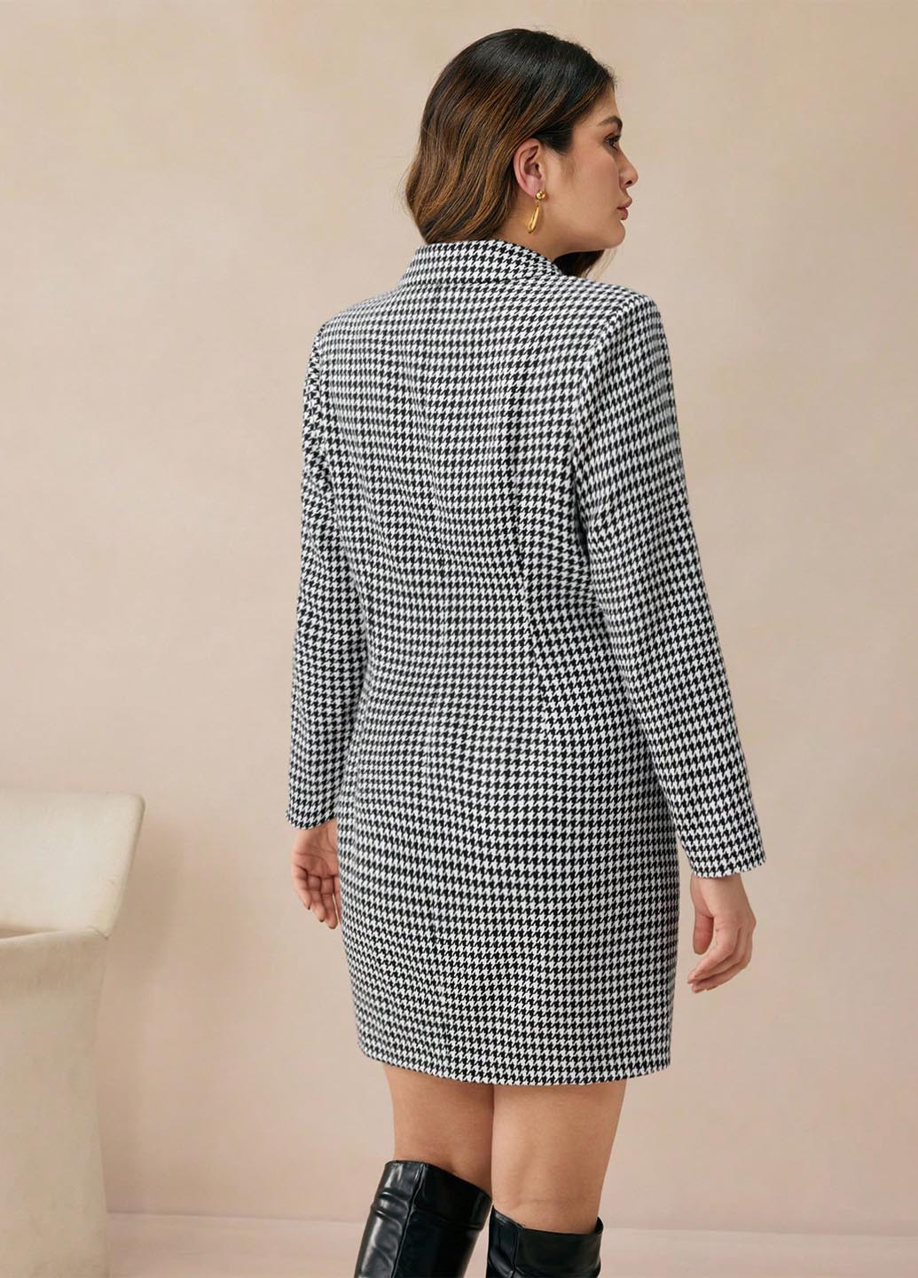 Черно-белое кэжуал, деловое платье платье-жакет SHEIN с узором пье-де-пуль «гусиная лапка»