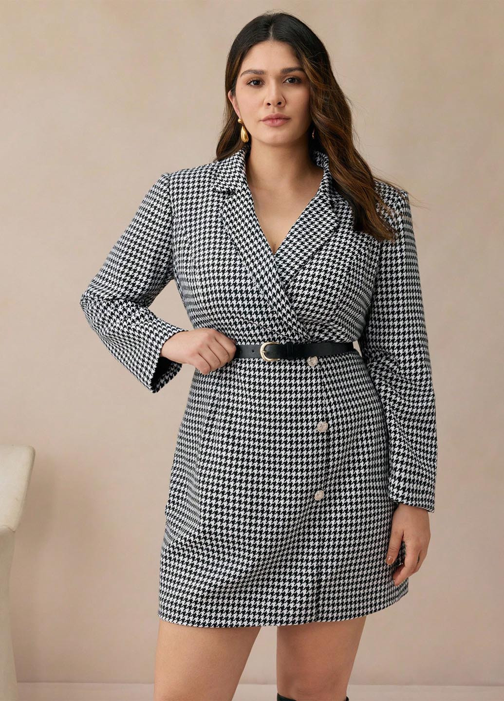 Черно-белое кэжуал, деловое платье платье-жакет SHEIN с узором пье-де-пуль «гусиная лапка»