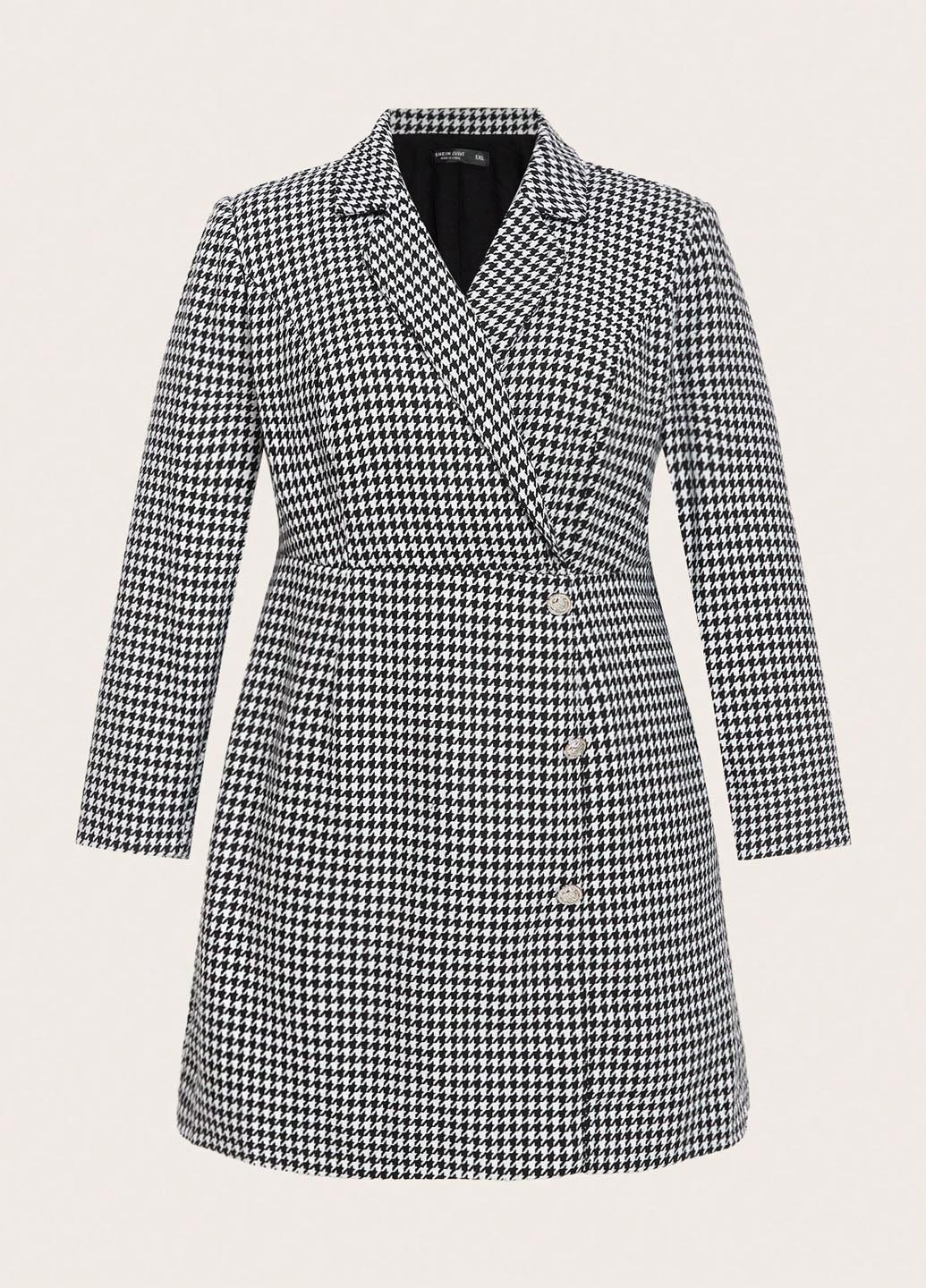 Черно-белое кэжуал, деловое платье платье-жакет SHEIN с узором пье-де-пуль «гусиная лапка»