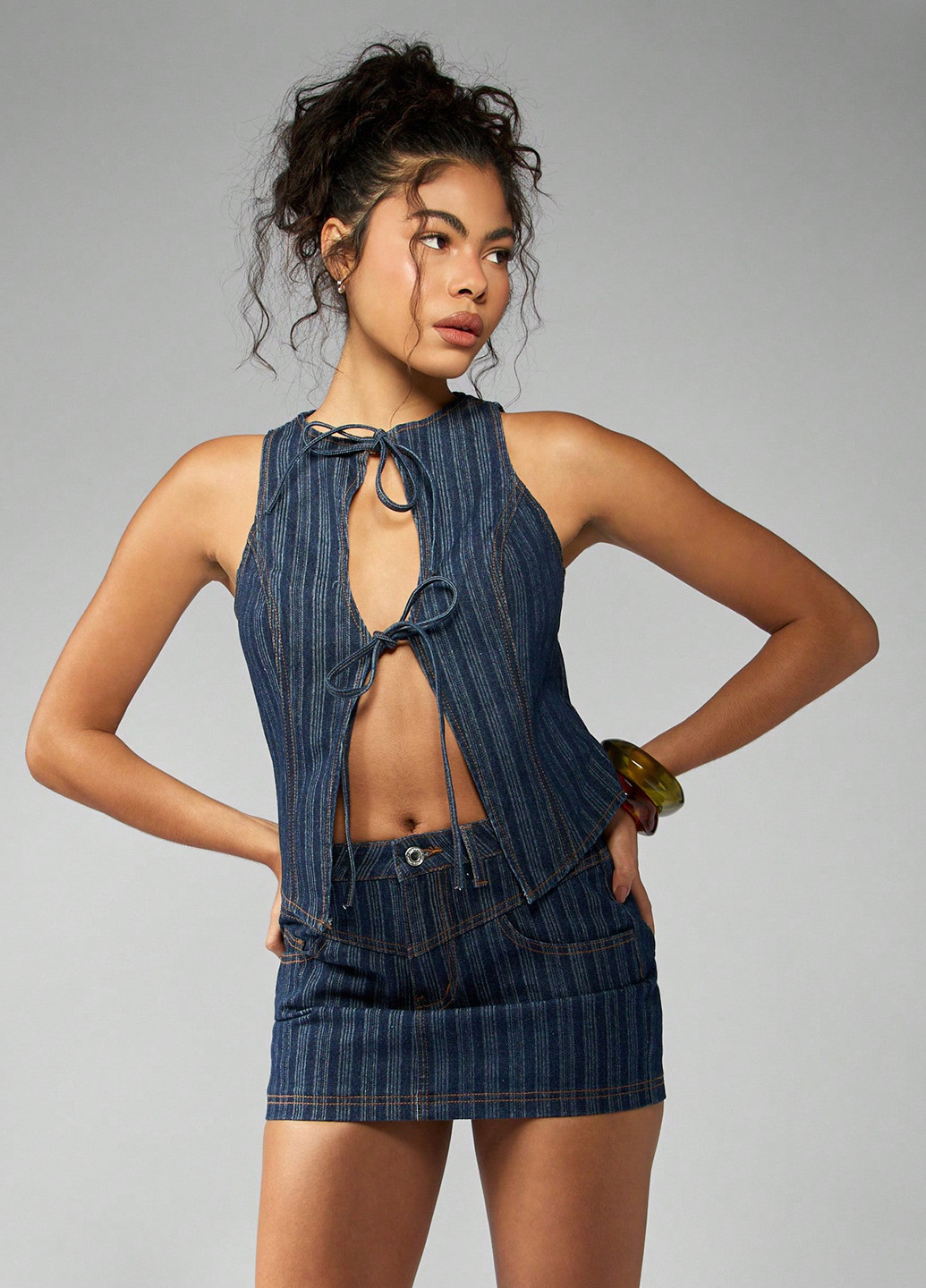 Темно-синяя джинсовая, кэжуал в полоску юбка SHEIN