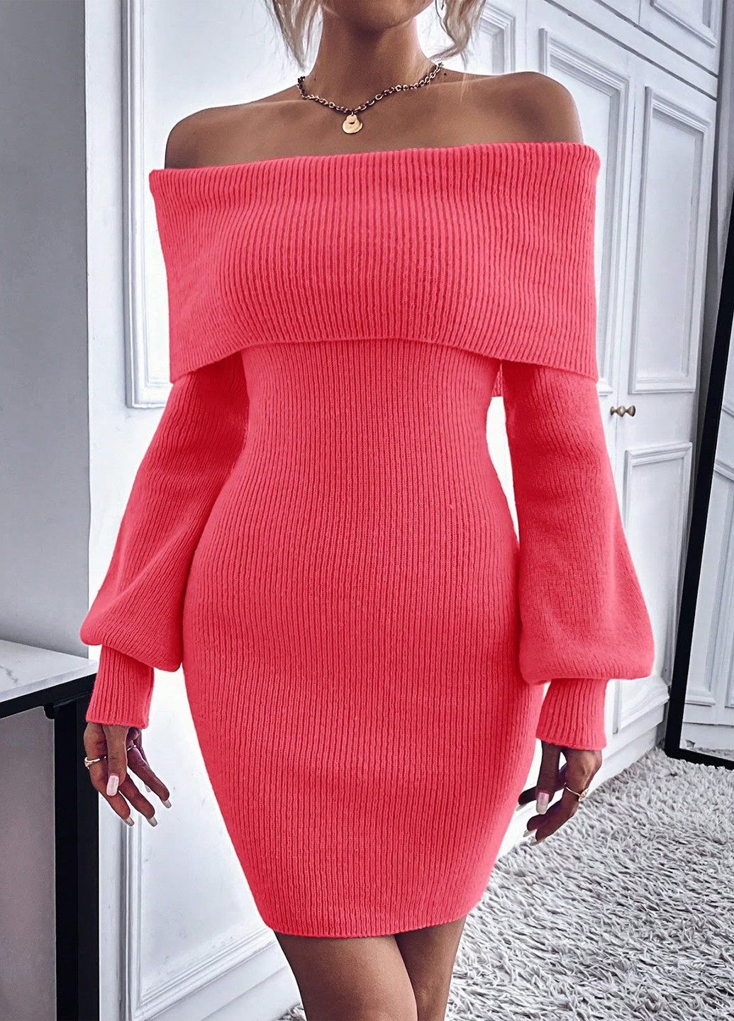 Коралова кежуал сукня сукня светр, з відкритими плечима SHEIN однотонна