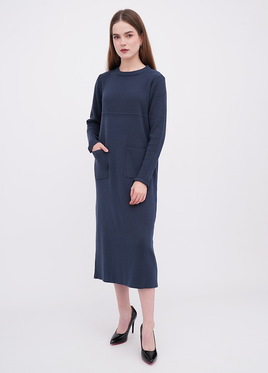 Темно-синее кэжуал платье платье-свитер EQUILIBRI однотонное