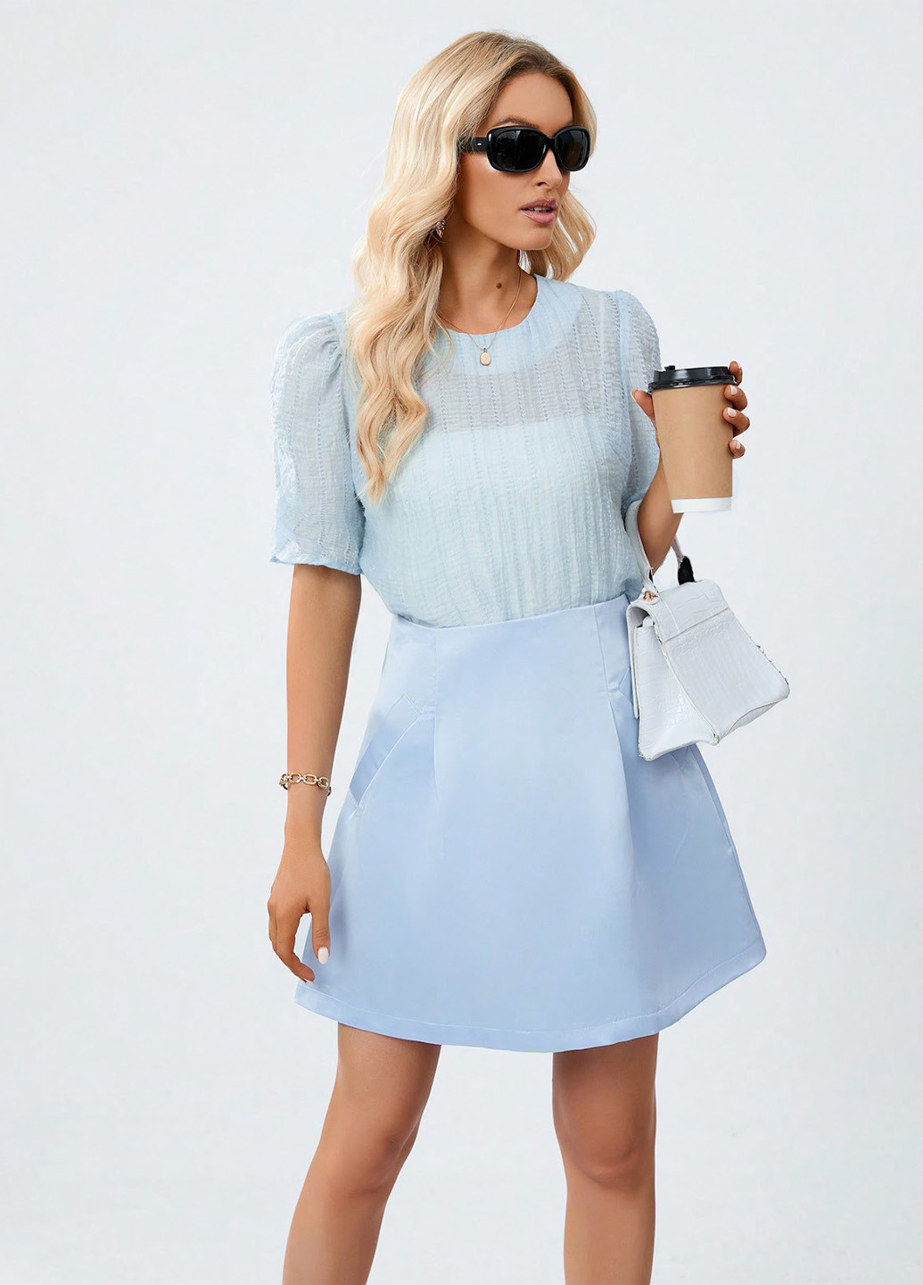 Голубой летний комплект (блуза, юбка) SHEIN