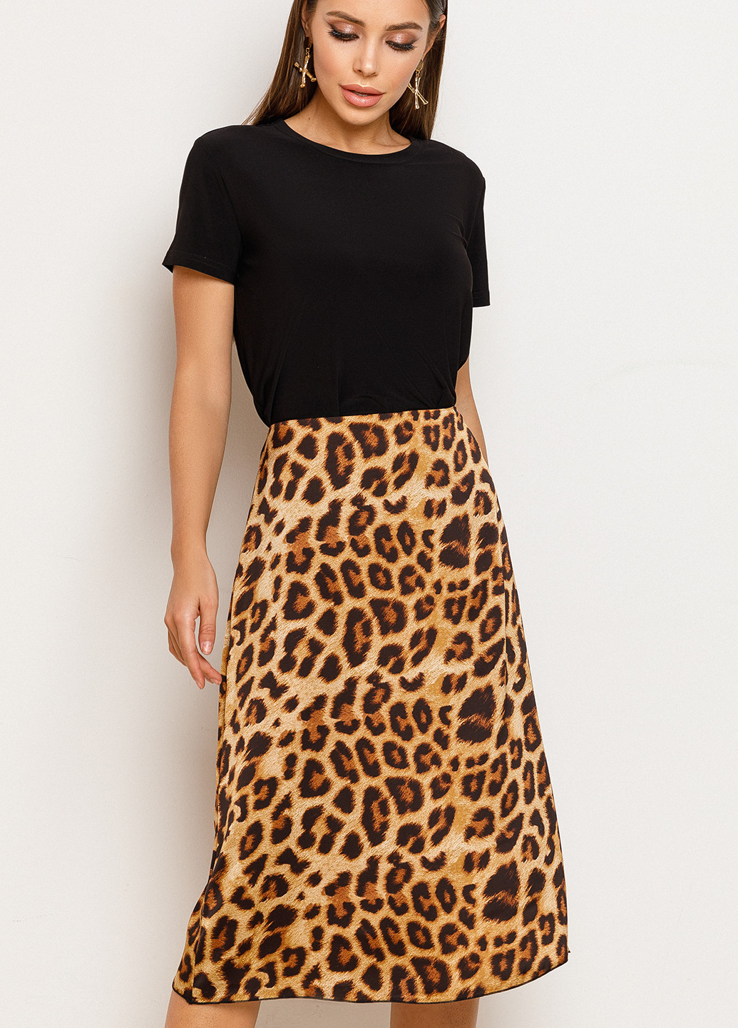 Светло-коричневая кэжуал леопардовая юбка VONAVIN а-силуэта (трапеция)