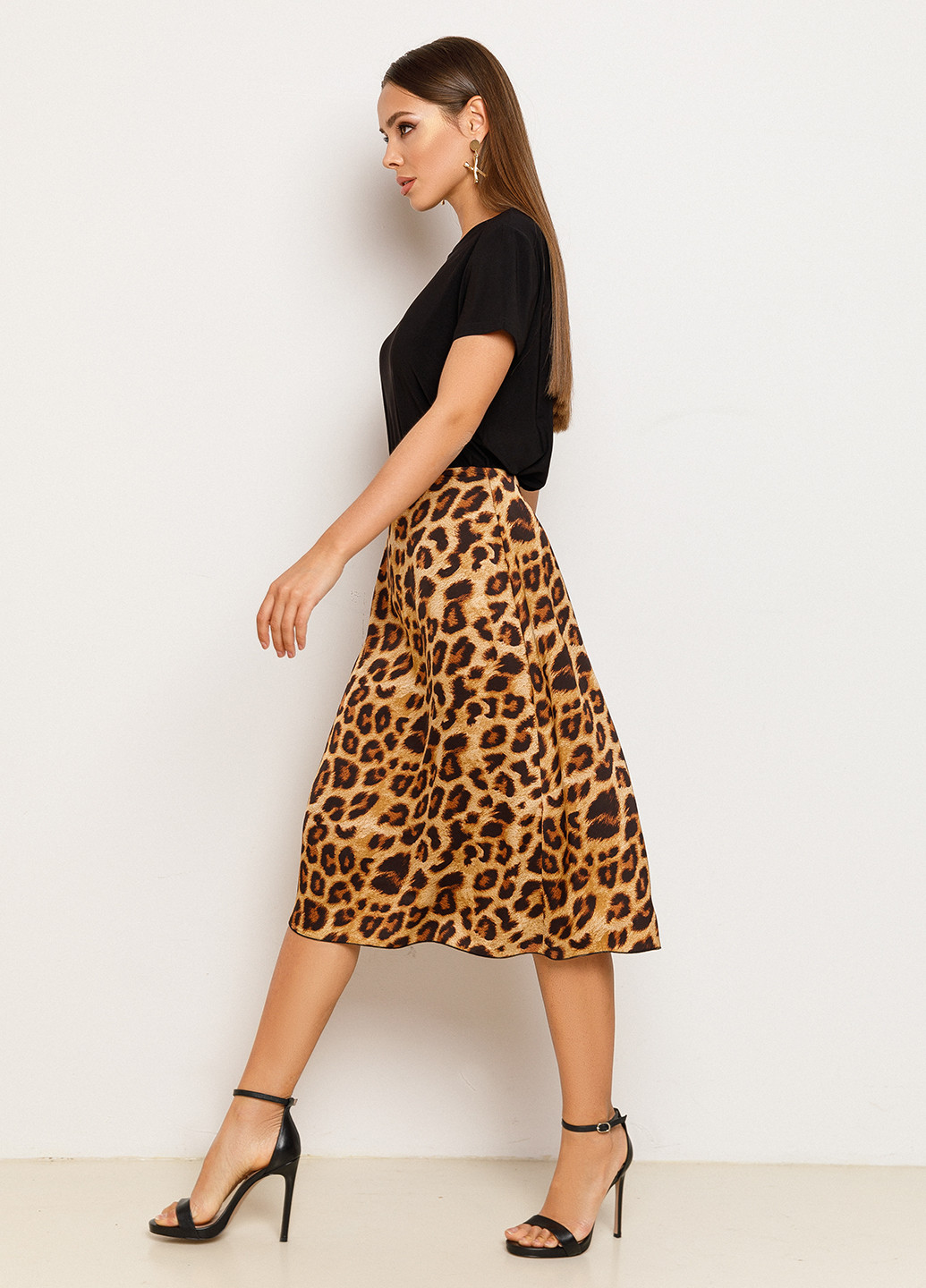 Светло-коричневая кэжуал леопардовая юбка VONAVIN а-силуэта (трапеция)