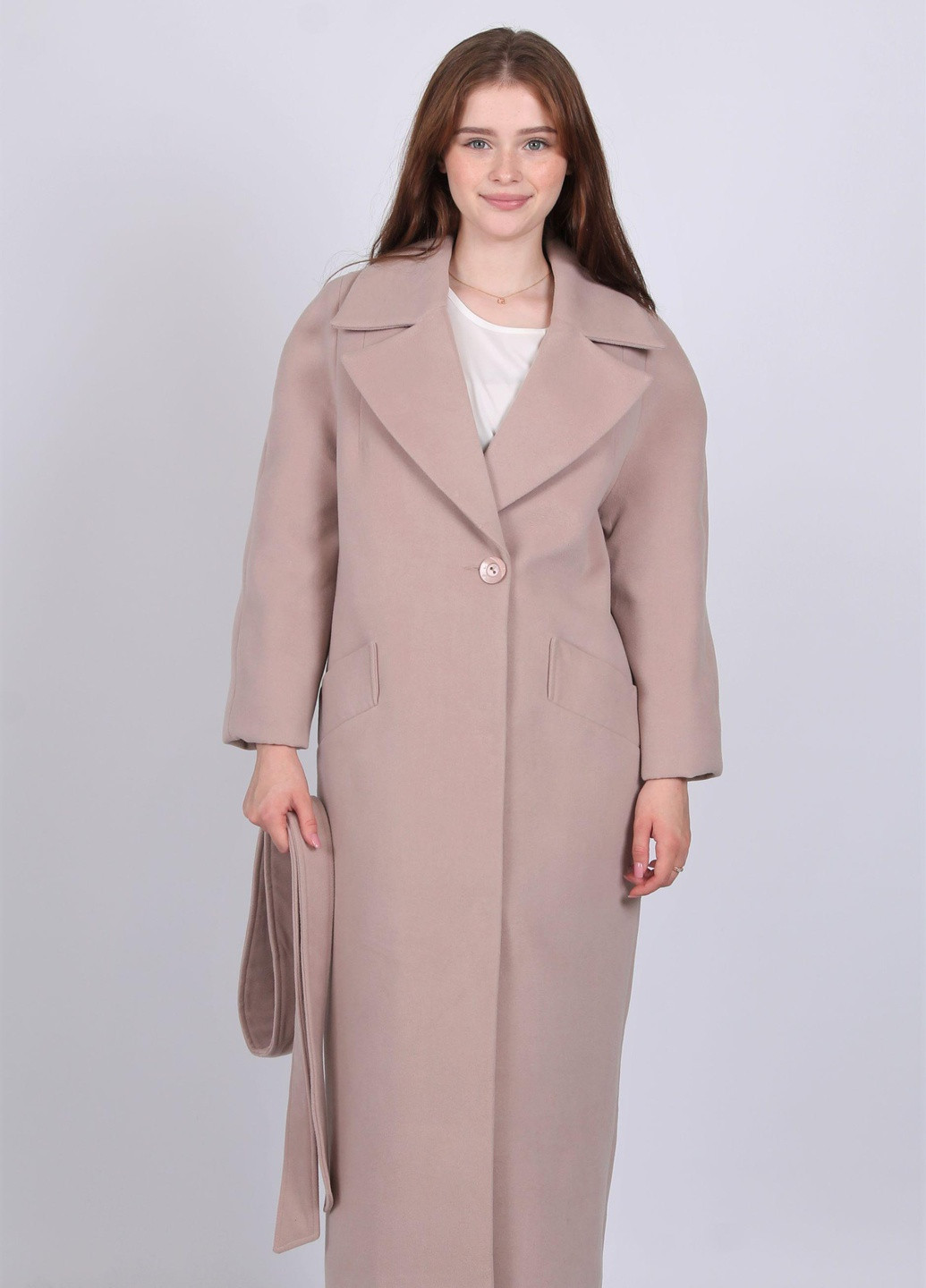 Темно-бежевое демисезонное Пальто удлиненное женское 057 кашемир бежевое Актуаль