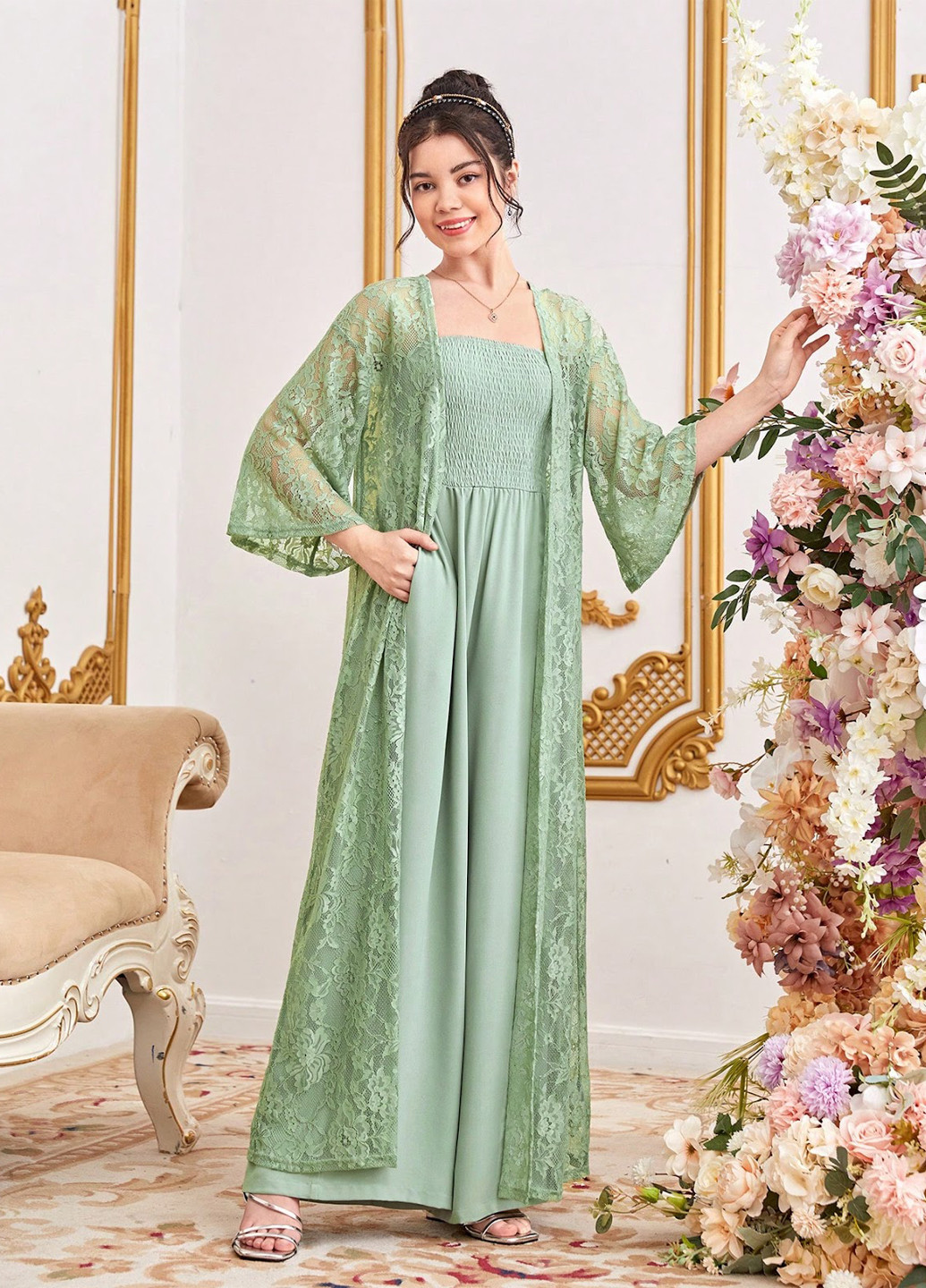 Фисташковый летний комплект (кардиган, комбинезон) SHEIN