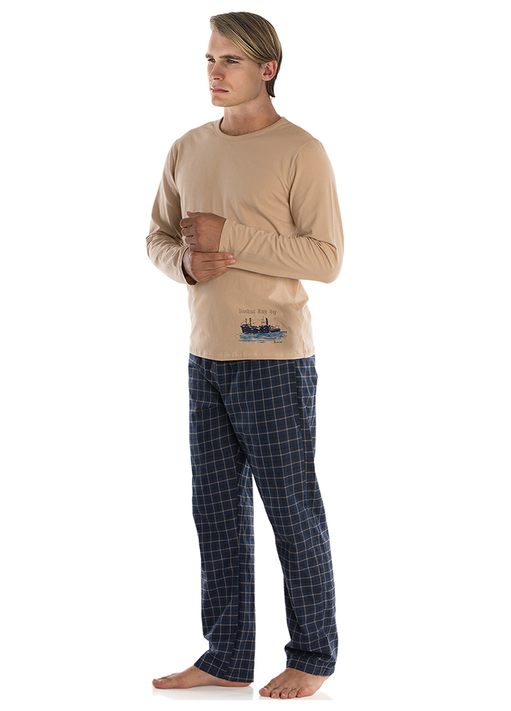 Пижама (лонгслив, брюки) DoReMi лонгслив + брюки клетка комбинированная домашняя хлопок