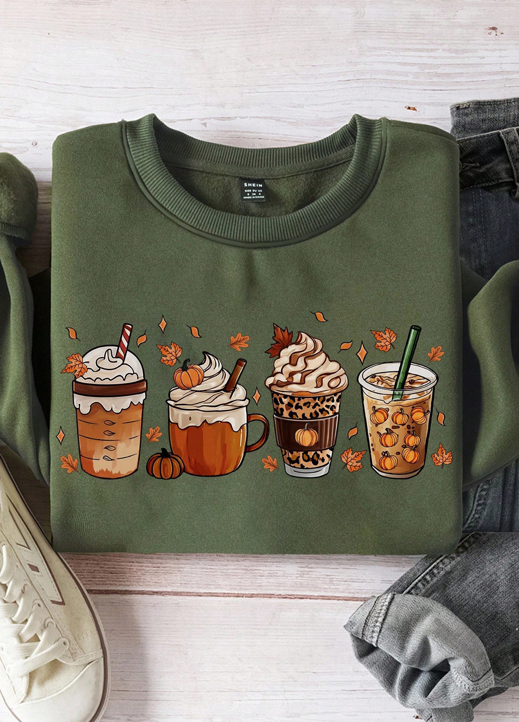 Хаки свитшот SHEIN рисунок без декора (364099825)