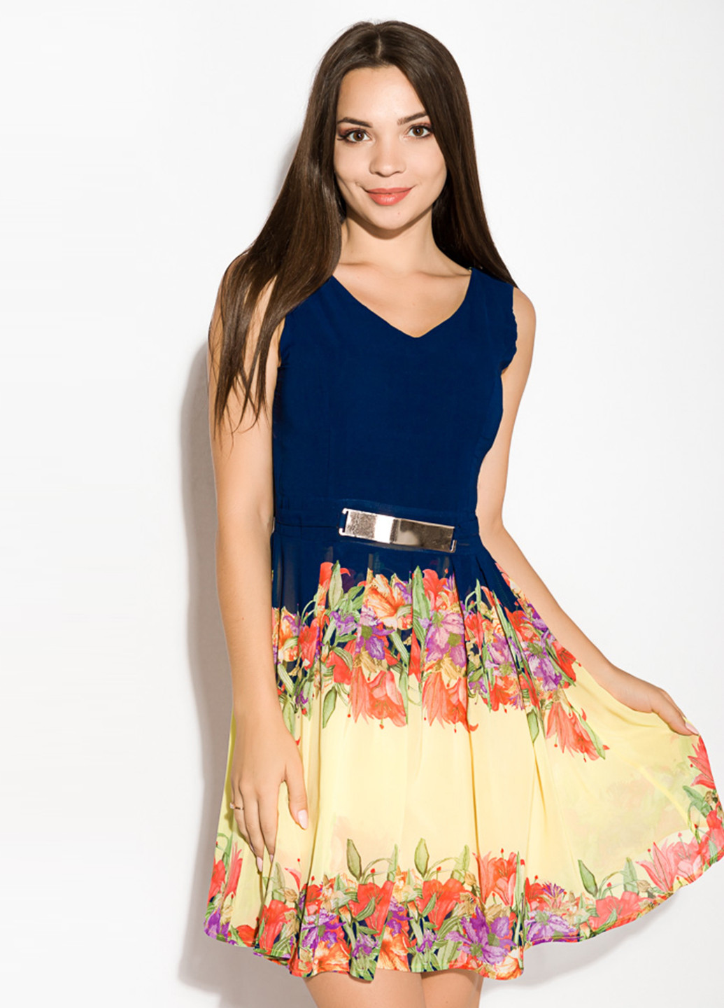 Темно-синя кежуал сукня кльош Time of Style з квітковим принтом