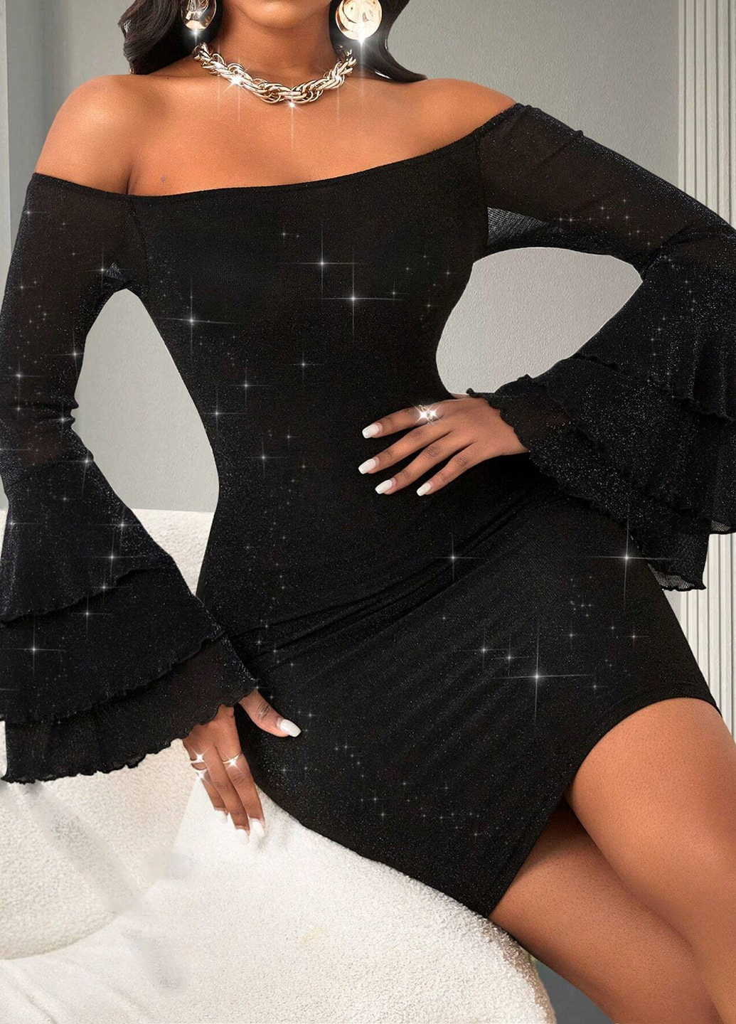 Черное вечернее платье с открытыми плечами SHEIN однотонное