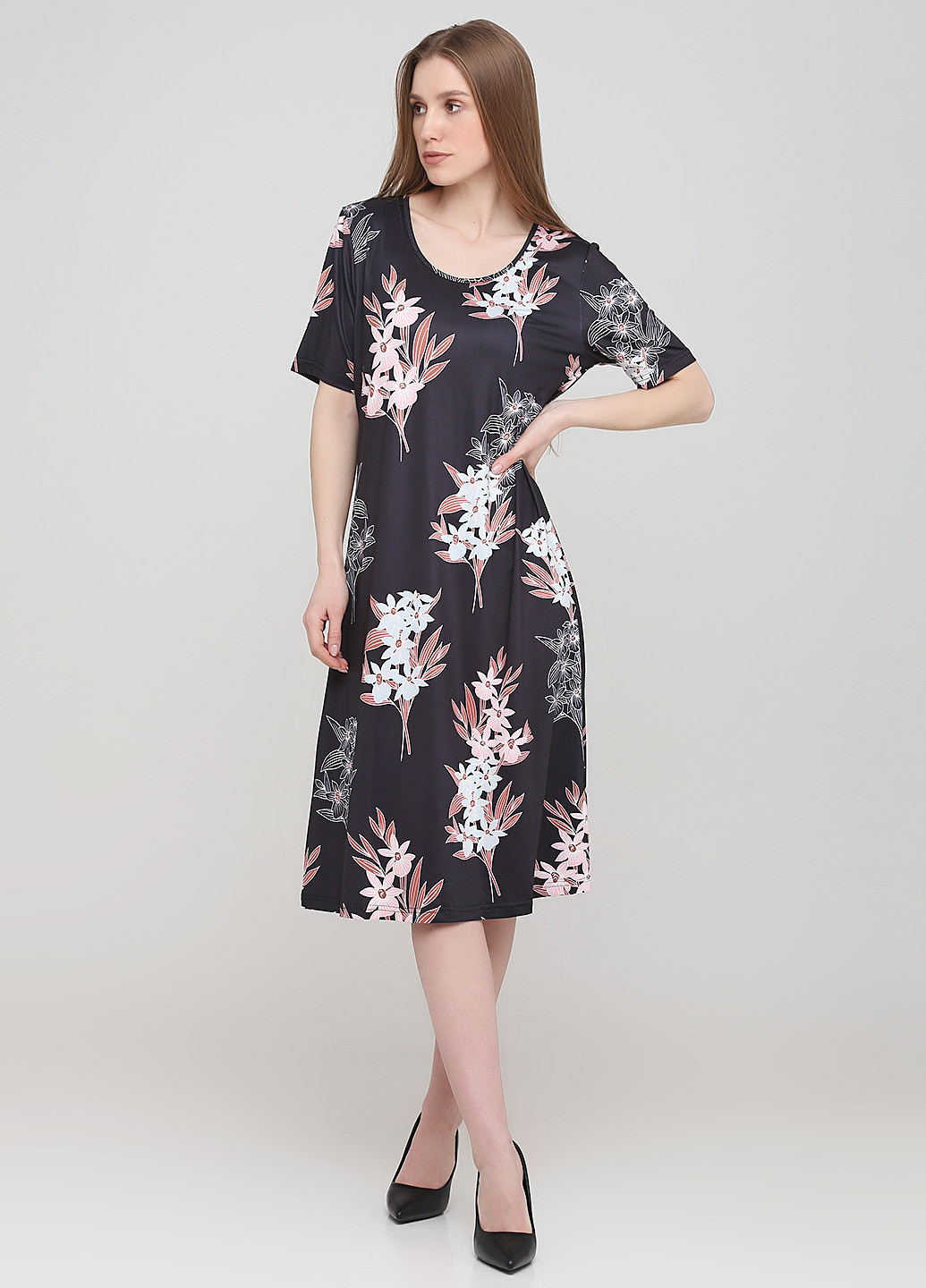 Черное кэжуал платье Fashion news с цветочным принтом