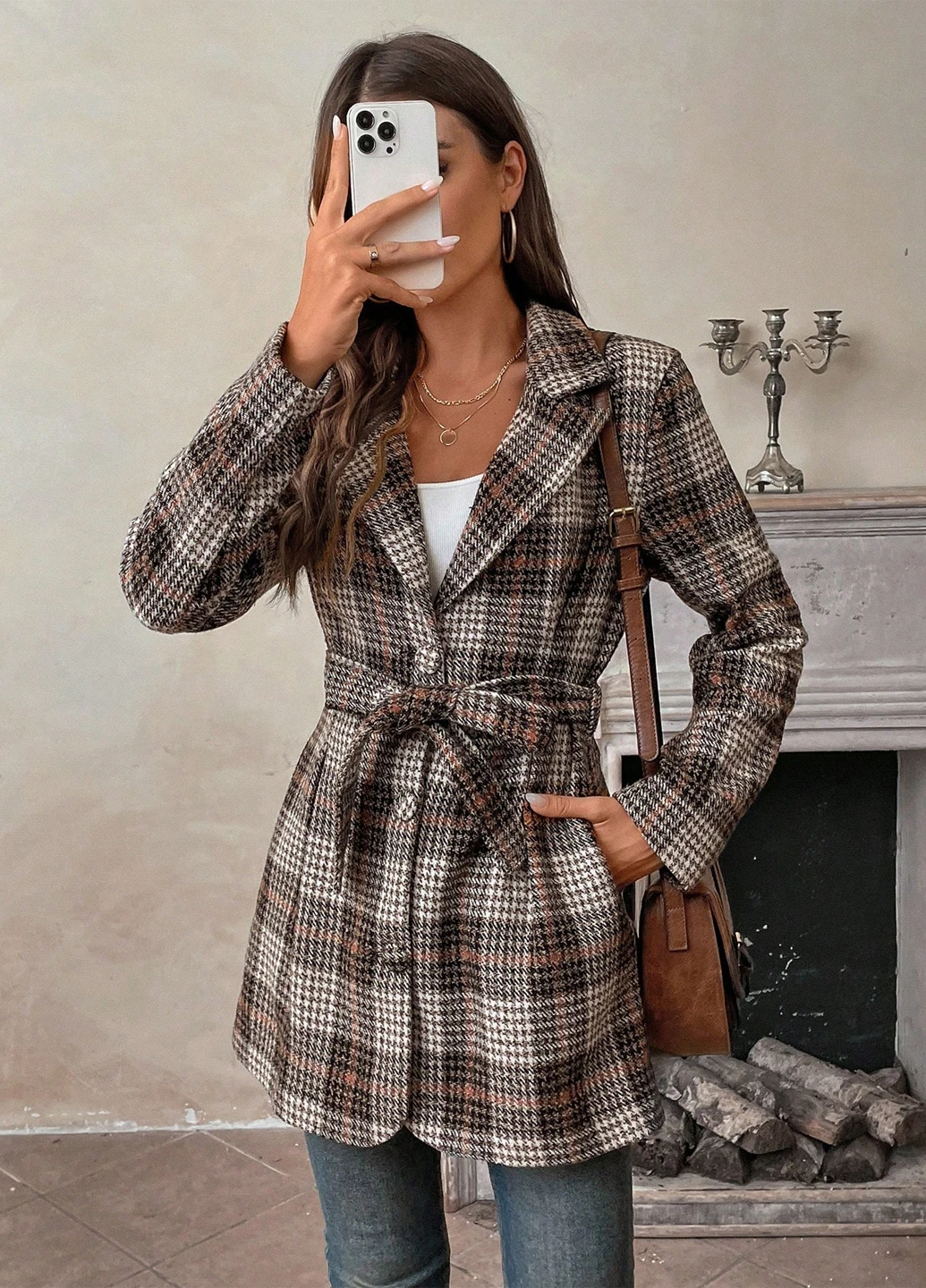 Коричневое демисезонное Пальто однобортное SHEIN