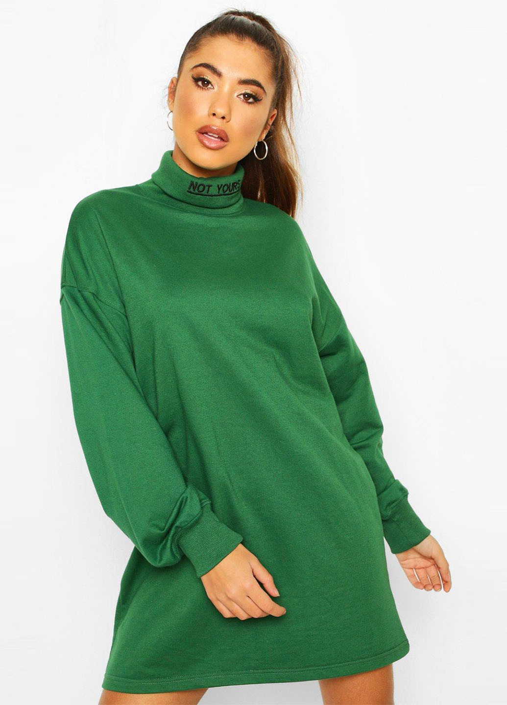 Зеленое кэжуал платье платье-свитер, платье-водолазка Boohoo однотонное