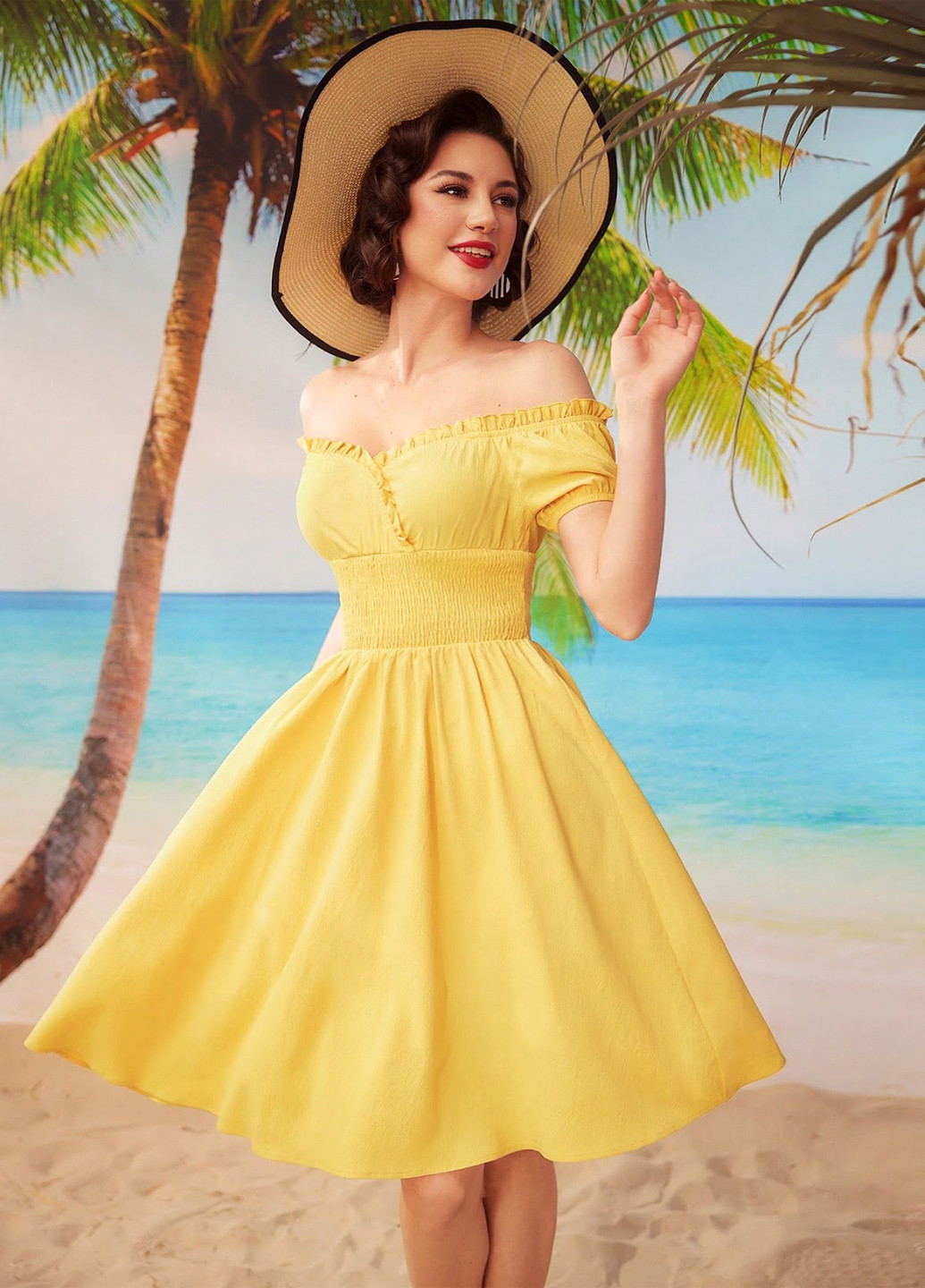 Желтое кэжуал платье клеш, с открытыми плечами SHEIN однотонное