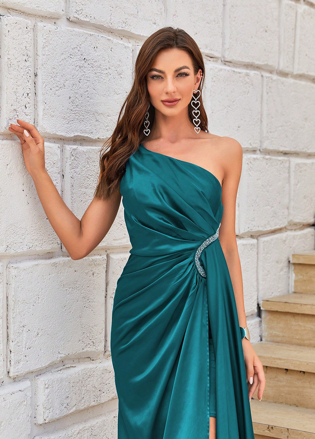 Морської хвилі вечірня, святковий сукня зі шлейфом, на одне плече SHEIN однотонна