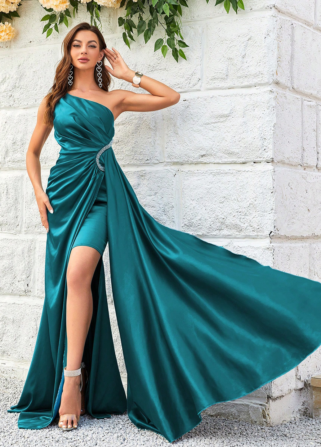 Морської хвилі вечірня, святковий сукня зі шлейфом, на одне плече SHEIN однотонна