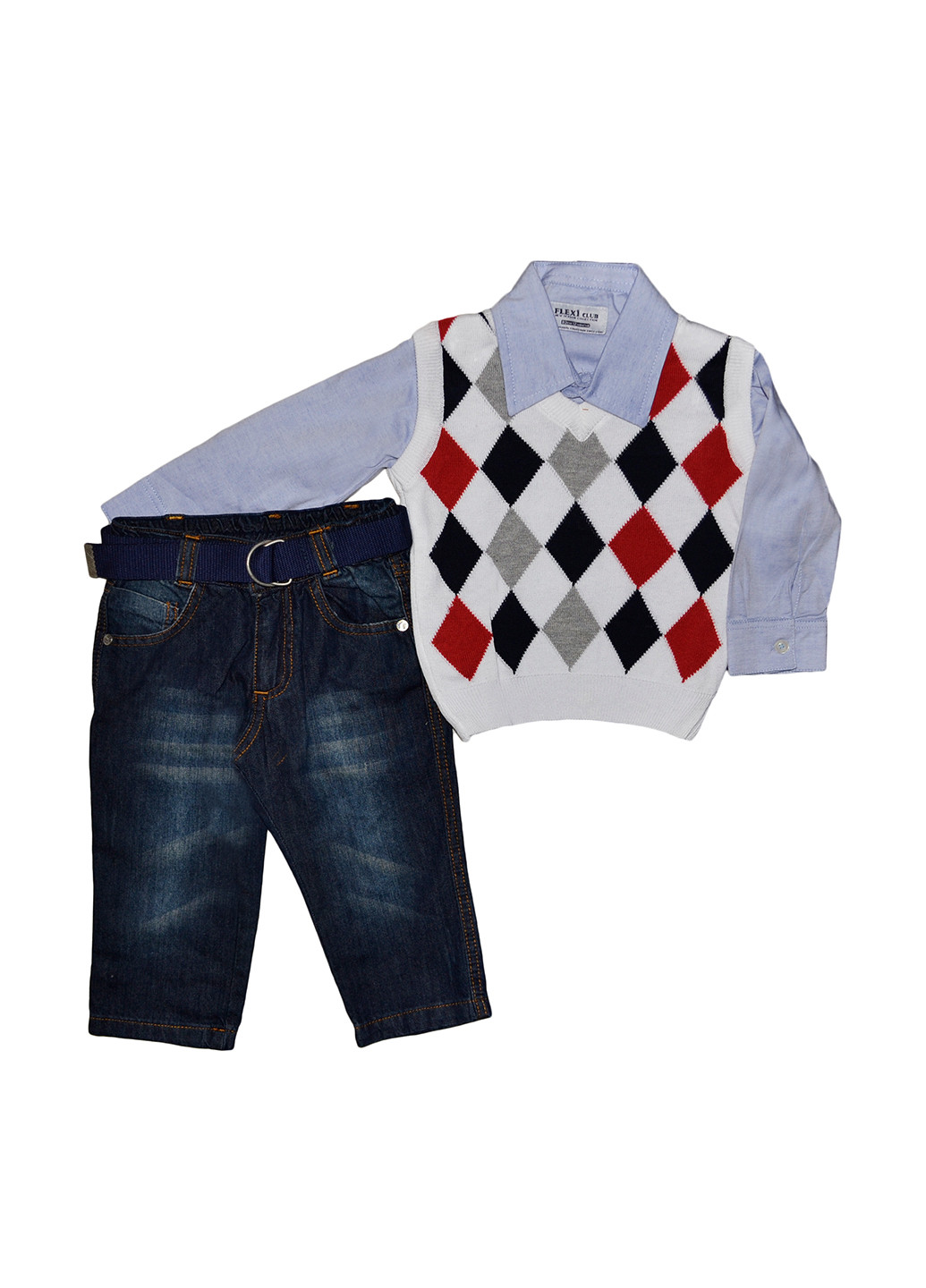 Комбинированный демисезонный комплект (рубашка, жилет, джинсы) Flexi