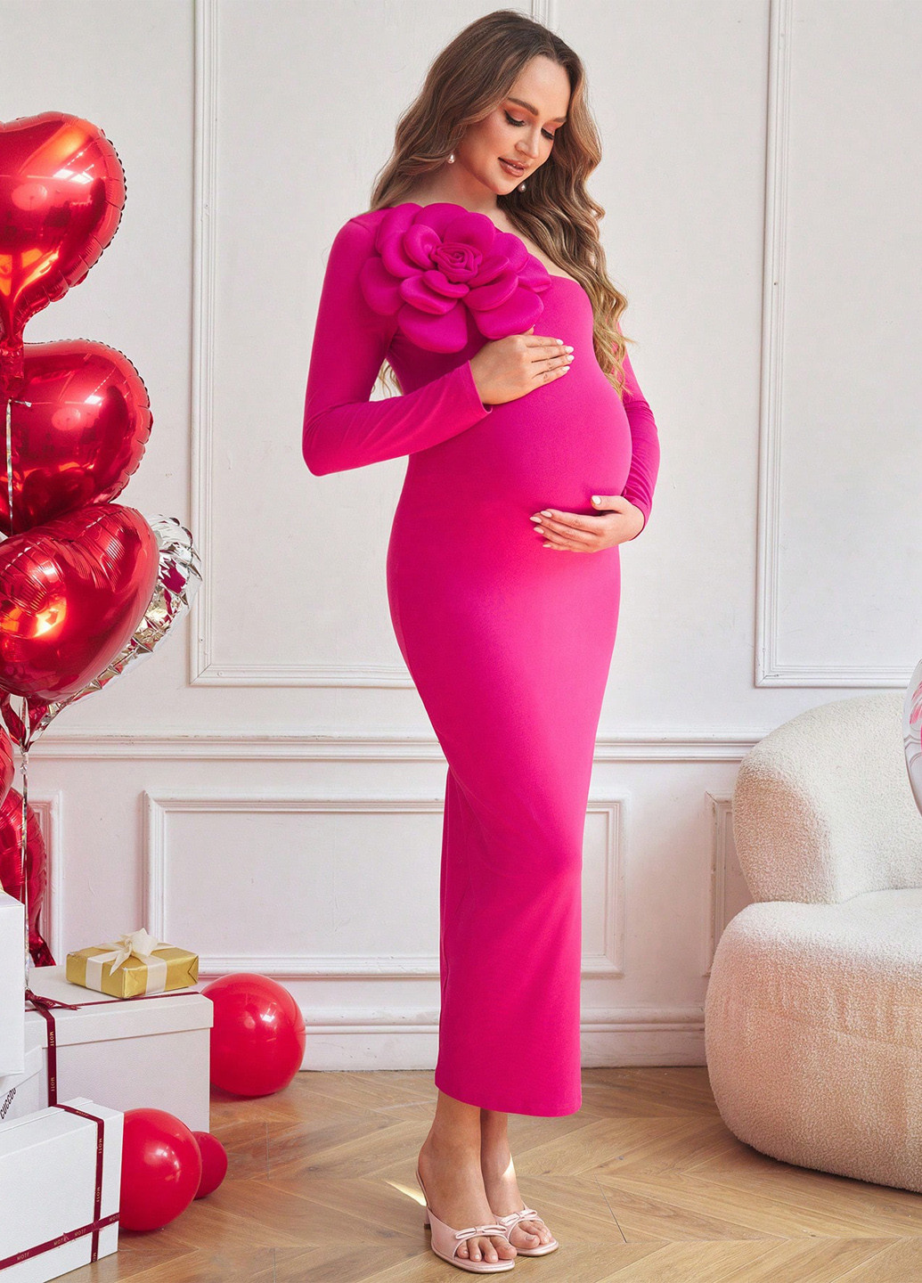 Фуксинова (кольору Фукія) кежуал сукня для вагітних на одне плече SHEIN однотонна