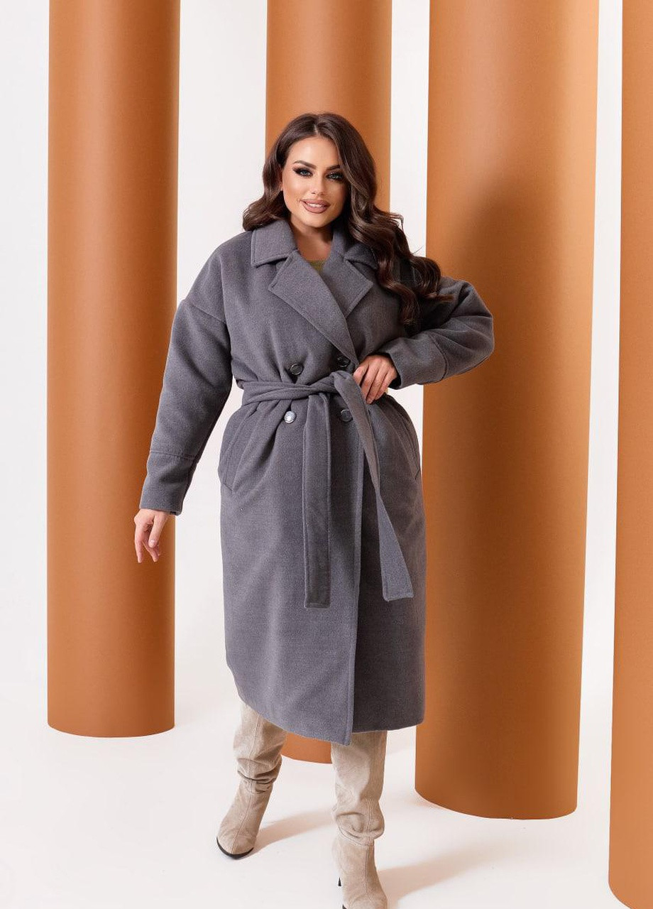 Серое Женское пальто из кашемира на подкладке с поясом серого цвета р.48/50 376113 New Trend