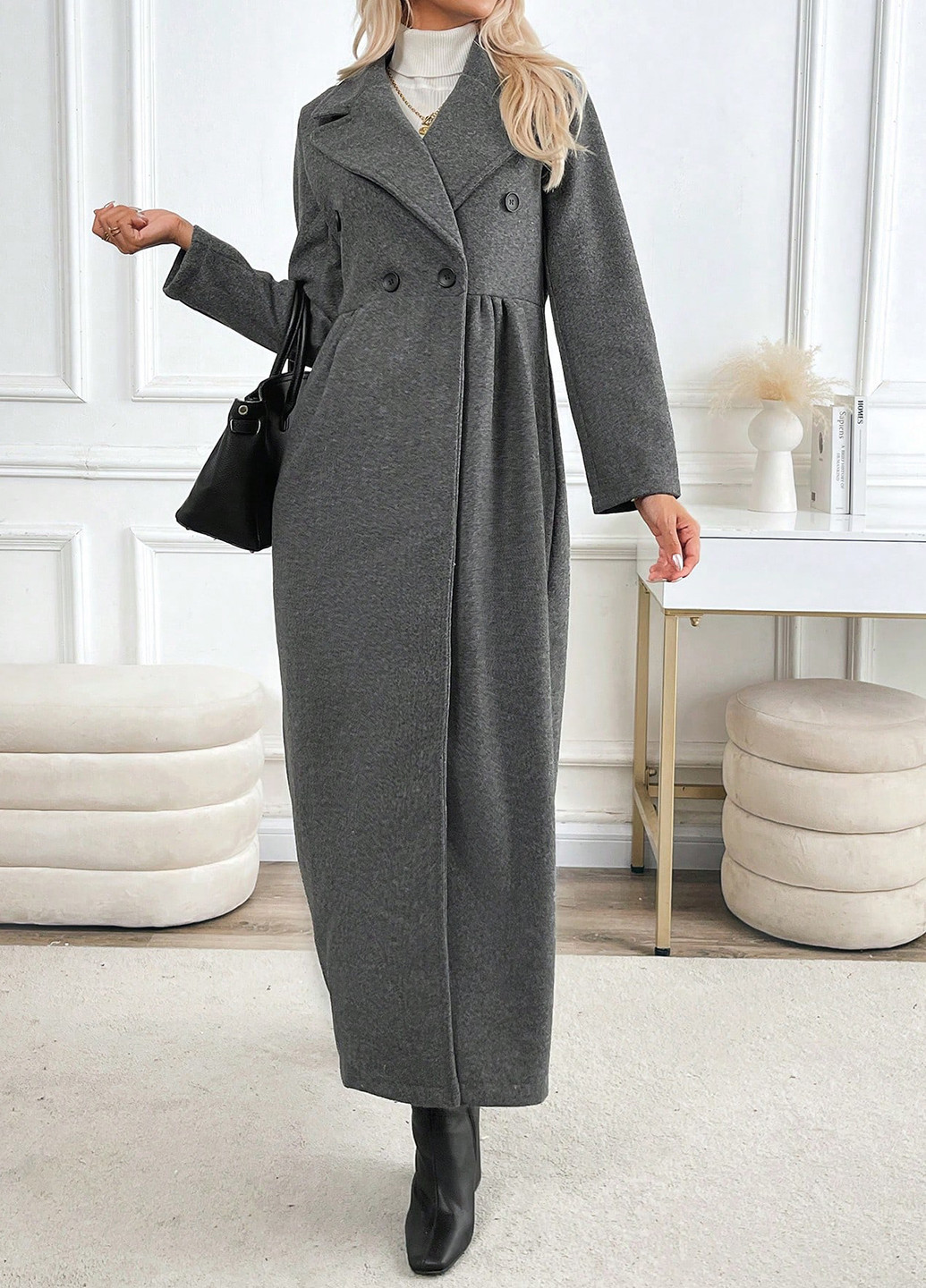 Темно-серое демисезонное Пальто двубортное SHEIN