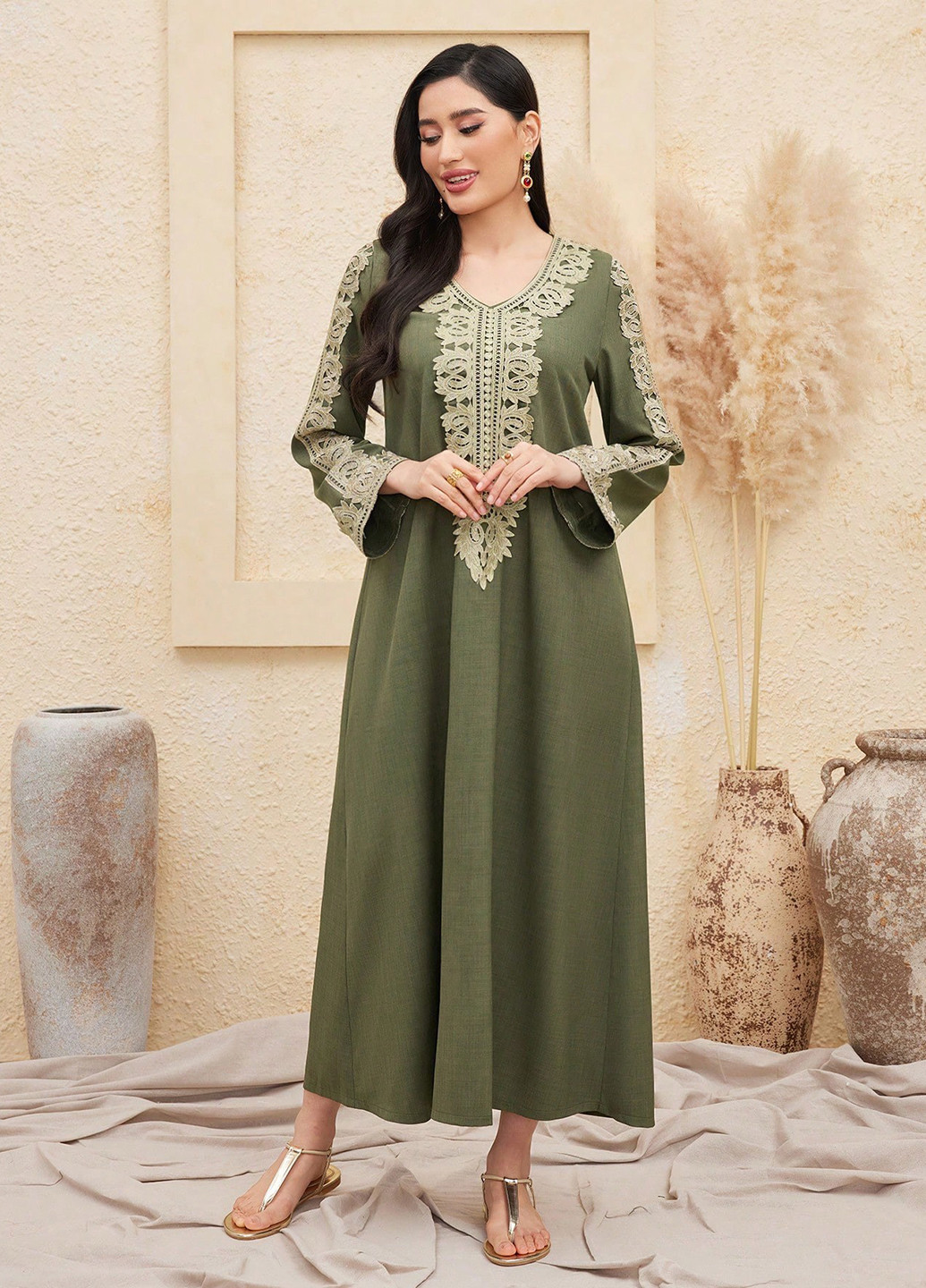 Оливковое (хаки) кэжуал, праздничный платье SHEIN однотонное