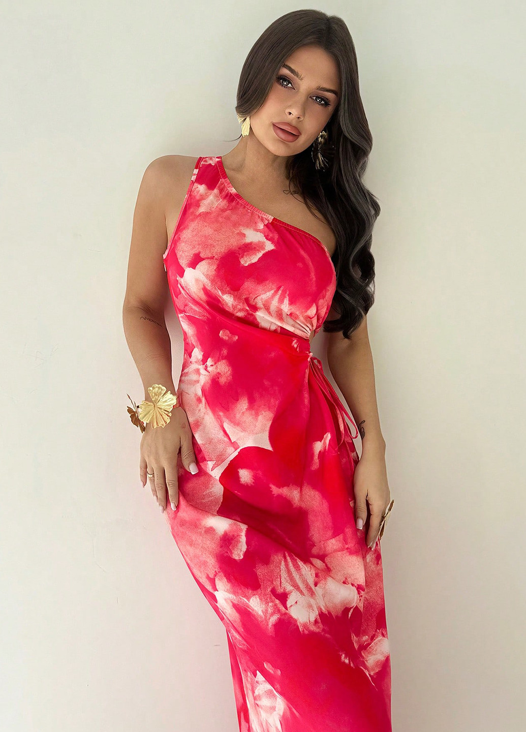 Червона кежуал сукня силуетна, на одне плече SHEIN тай-дай