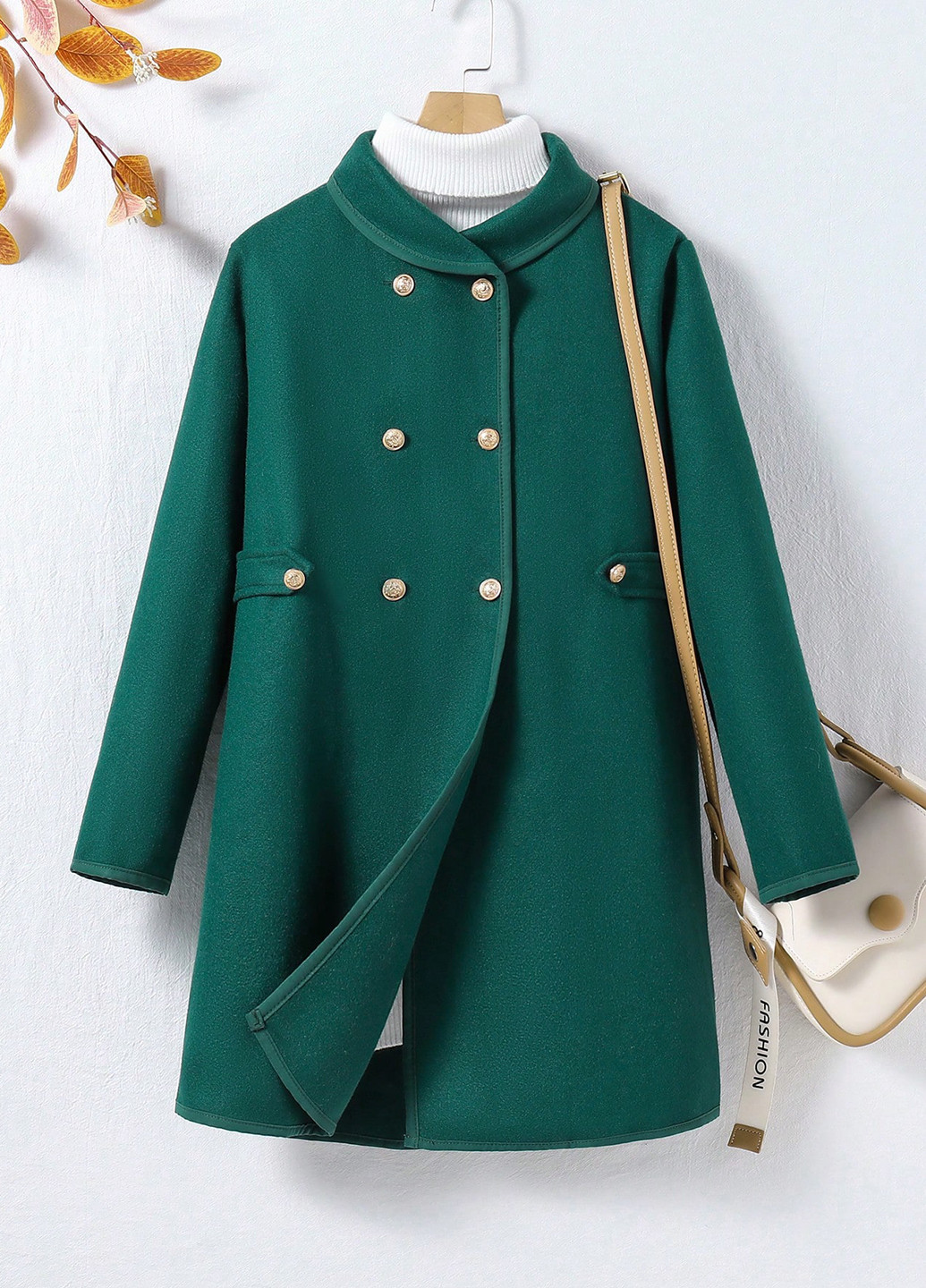 Темно-зеленое демисезонное Пальто двубортное SHEIN