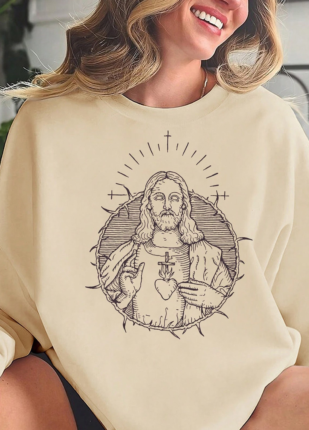 Світло-бежевий світшот SHEIN малюнок (329546406)