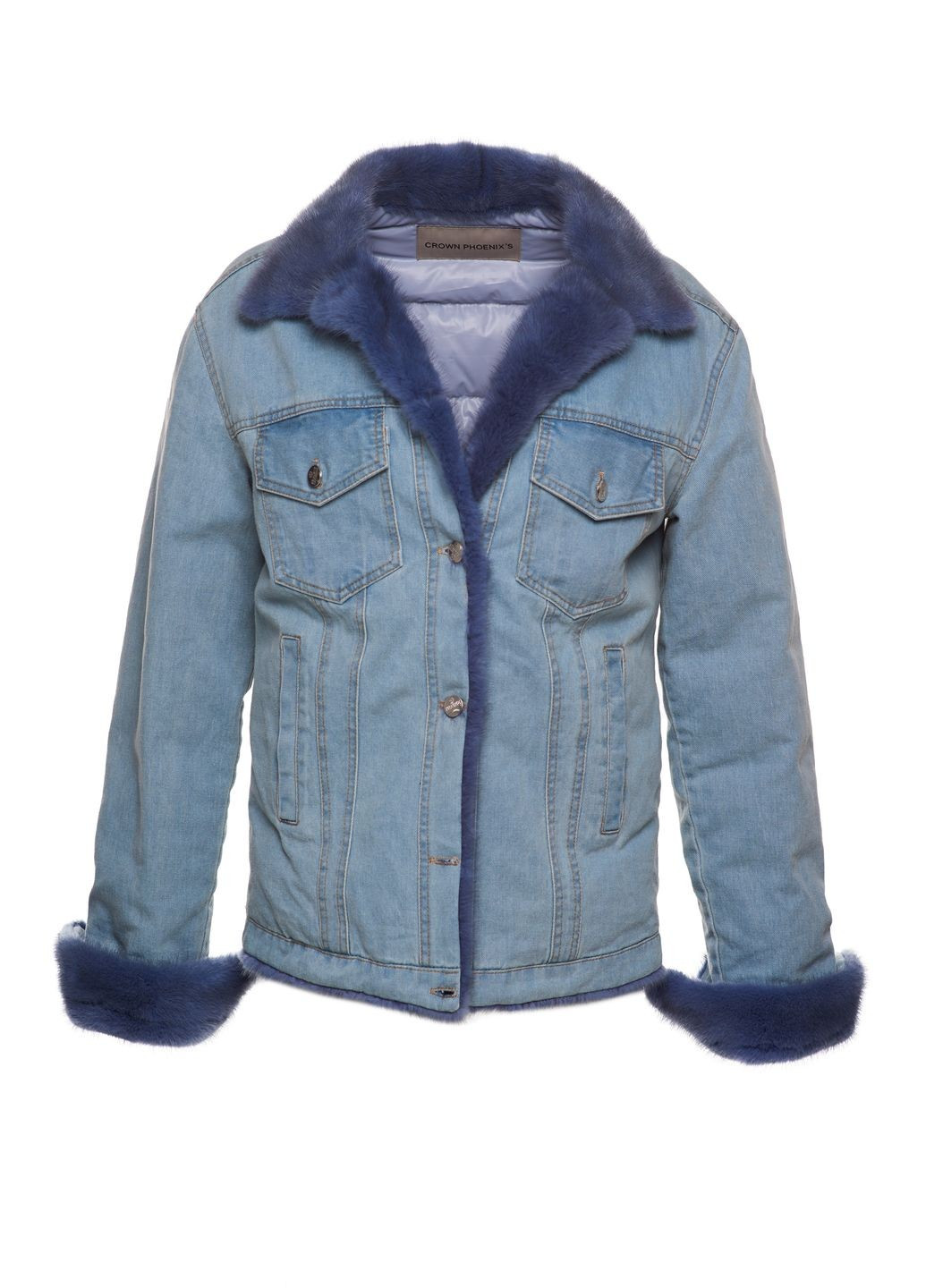 Блакитна зимня ексклюзивна зимова джинсова куртка пуховик, оздоблена натуральною норкою copenhagen fur Actors