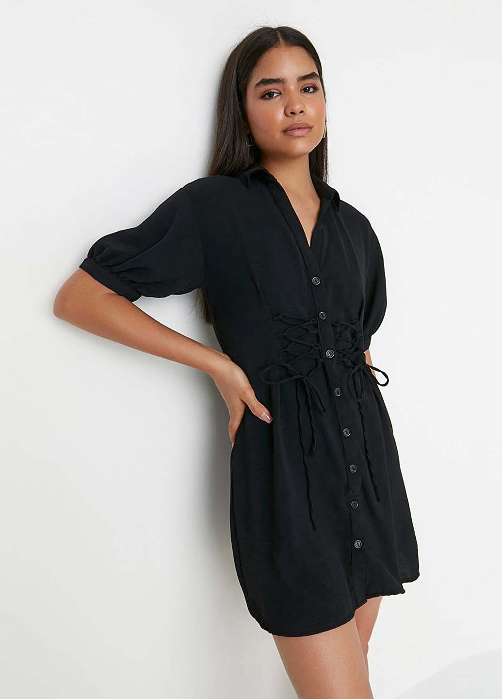 Черное кэжуал платье рубашка Trendyol однотонное
