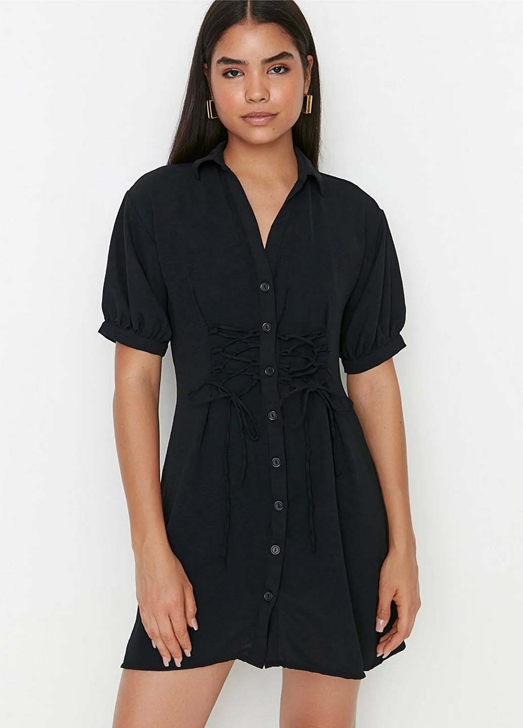 Черное кэжуал платье рубашка Trendyol однотонное