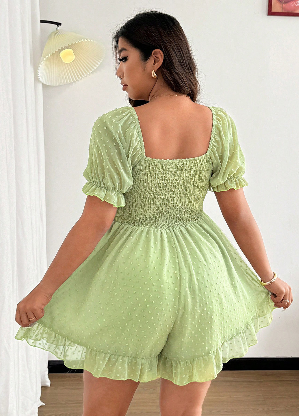 Комбинезон SHEIN комбинезон-шорты однотонный салатовый кэжуал полиэстер, шифон