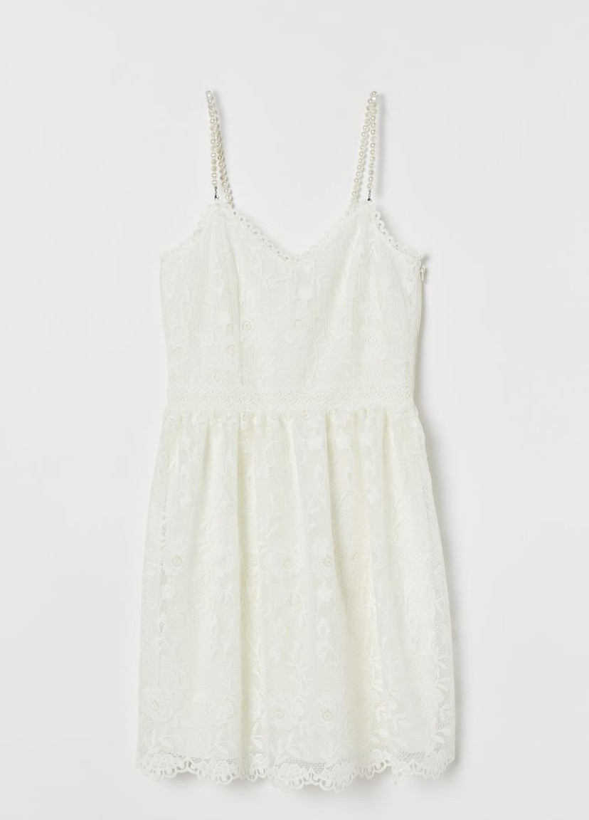 Молочное кэжуал кружевное платье с бисером H&M однотонное