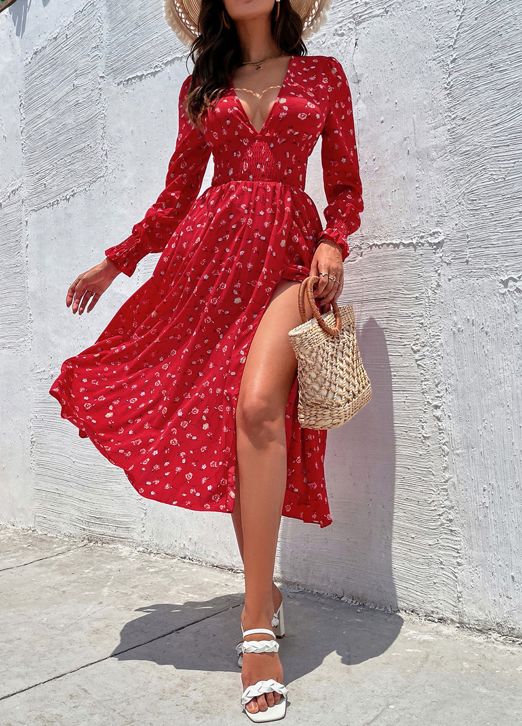 Червона кежуал сукня кльош SHEIN з квітковим принтом