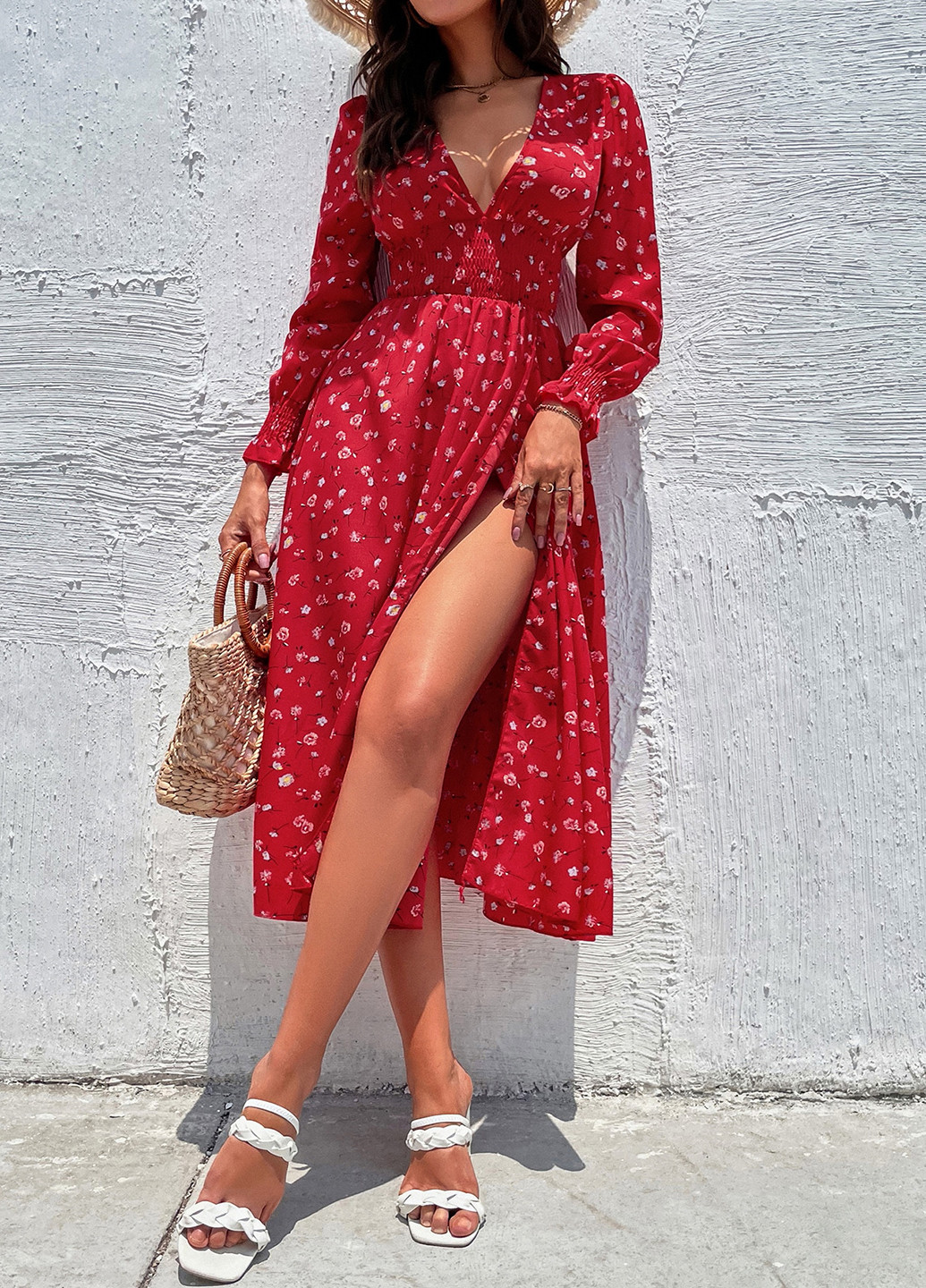 Червона кежуал сукня кльош SHEIN з квітковим принтом