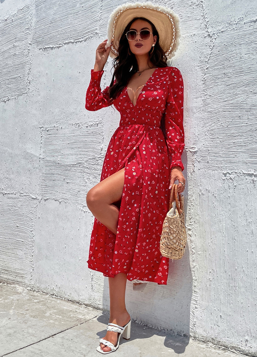 Червона кежуал сукня кльош SHEIN з квітковим принтом