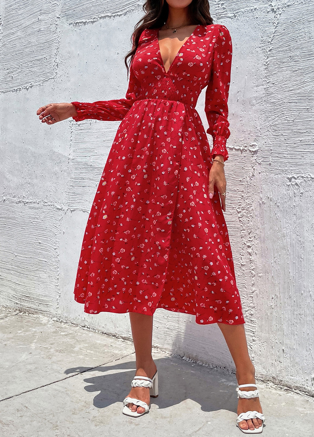 Червона кежуал сукня кльош SHEIN з квітковим принтом