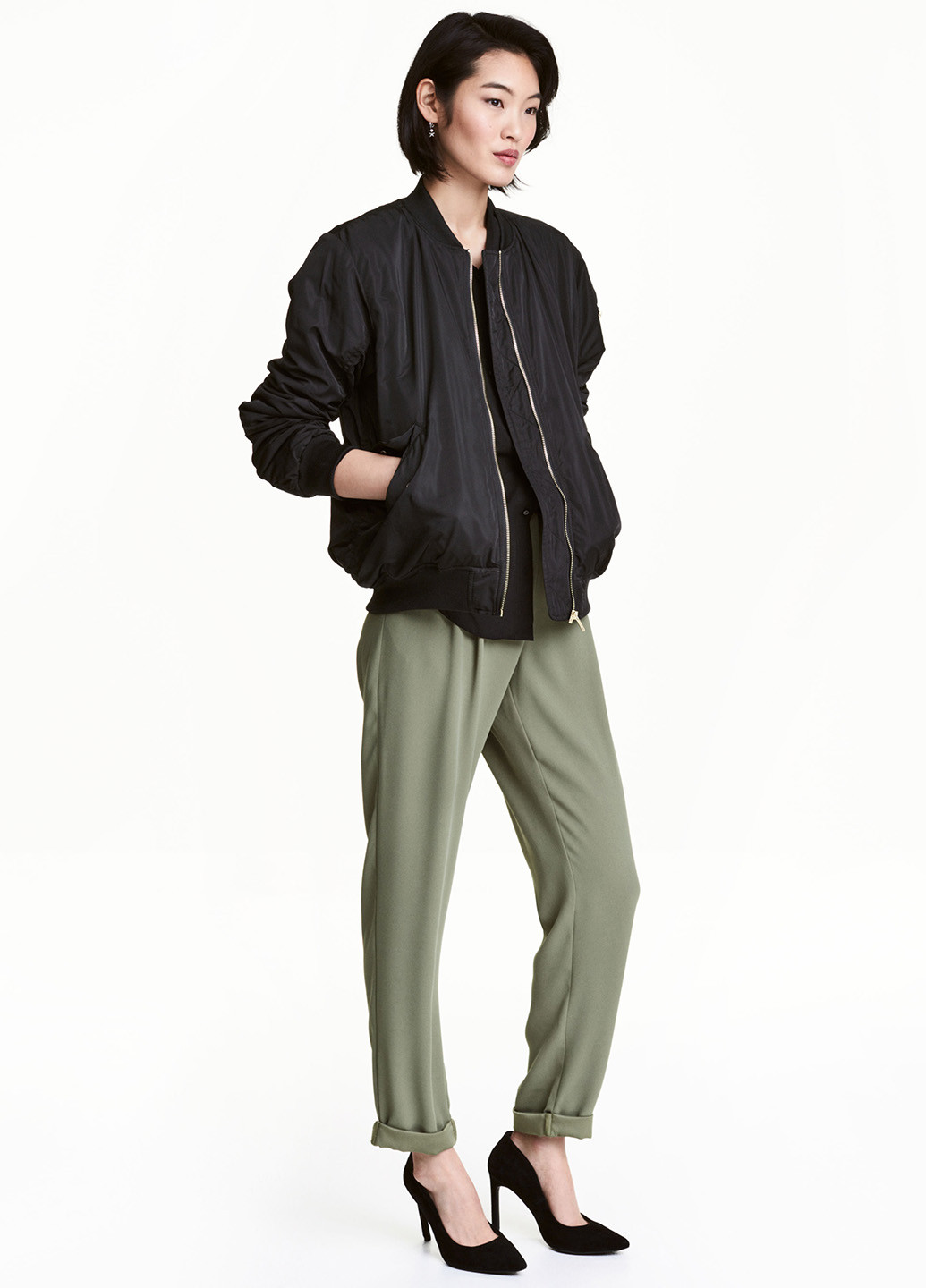 Бледно-зеленые кэжуал демисезонные прямые брюки H&M