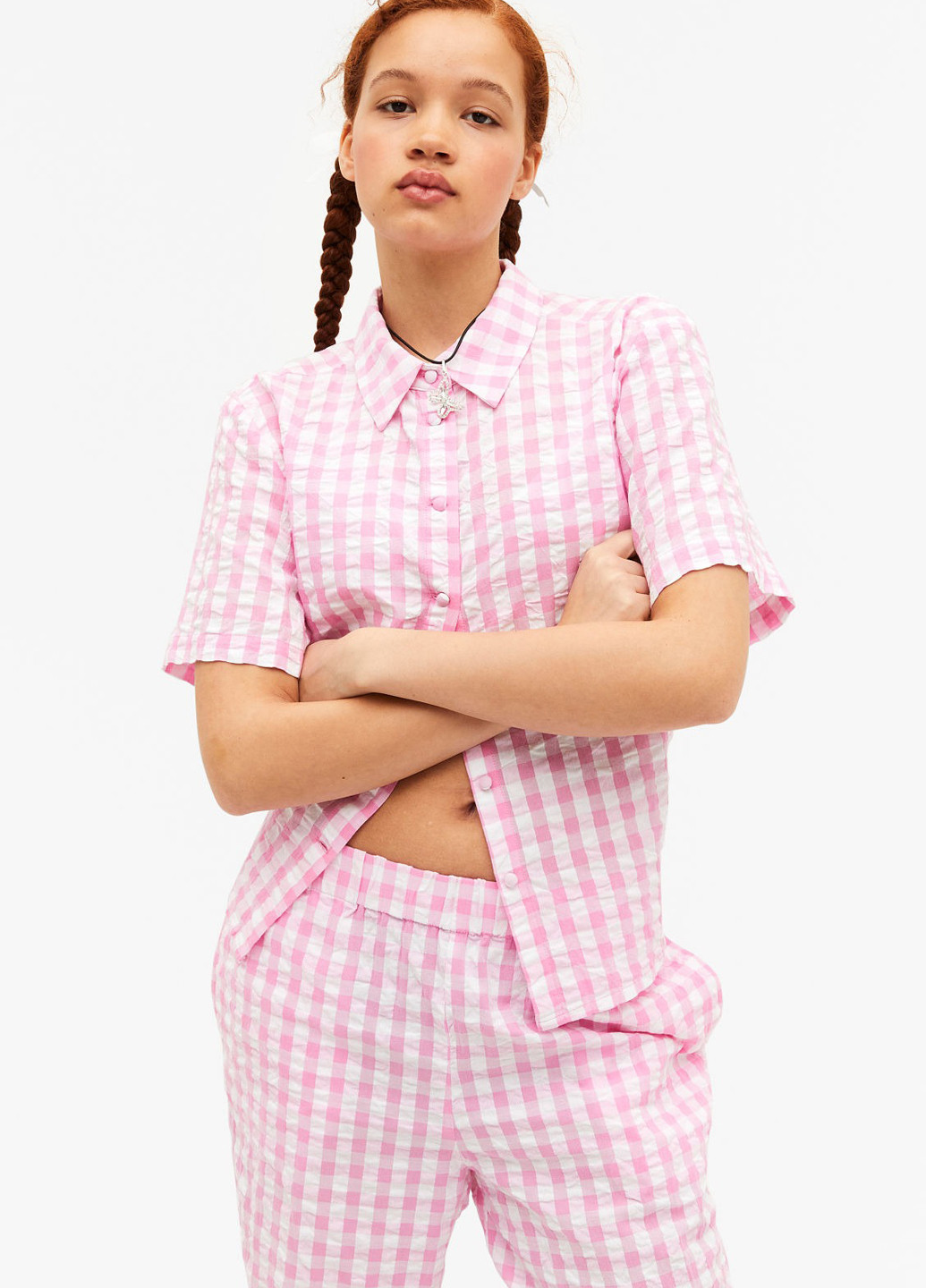 Светло-розовая кэжуал рубашка в клетку Monki