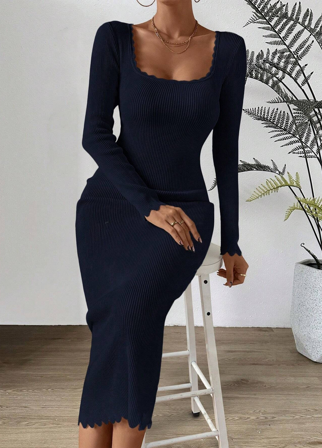 Темно-синя кежуал, ділова сукня силуетна SHEIN однотонна