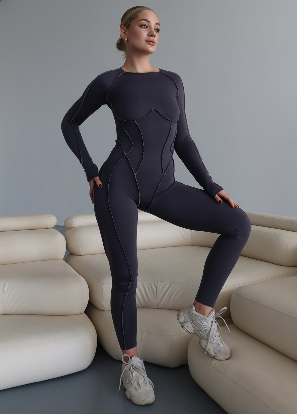 Комбинезон Asalart комбинезон-брюки однотонный графитовый спортивный нейлон, трикотаж