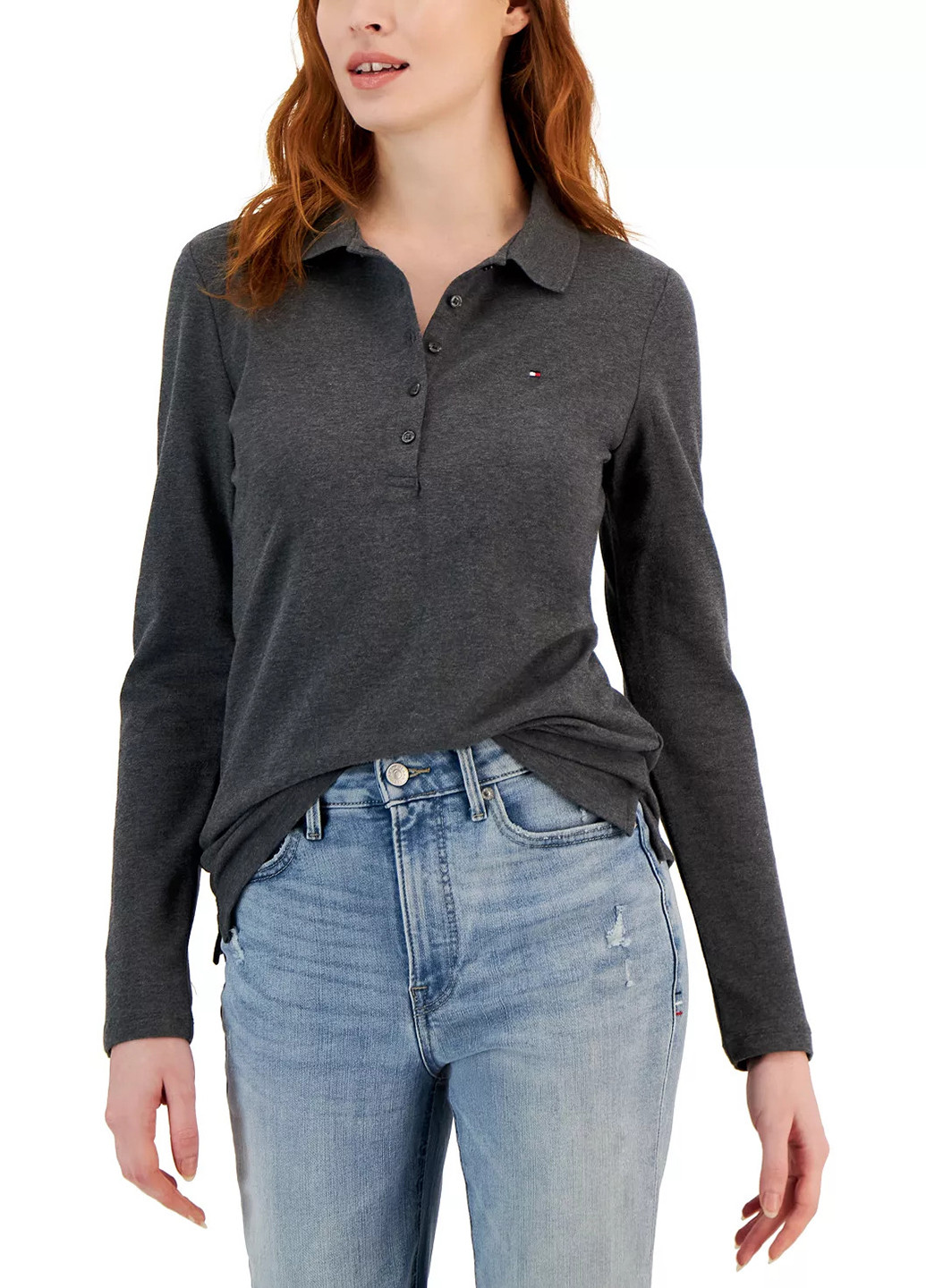 Темно-серая женская футболка-поло Tommy Hilfiger меланжевая